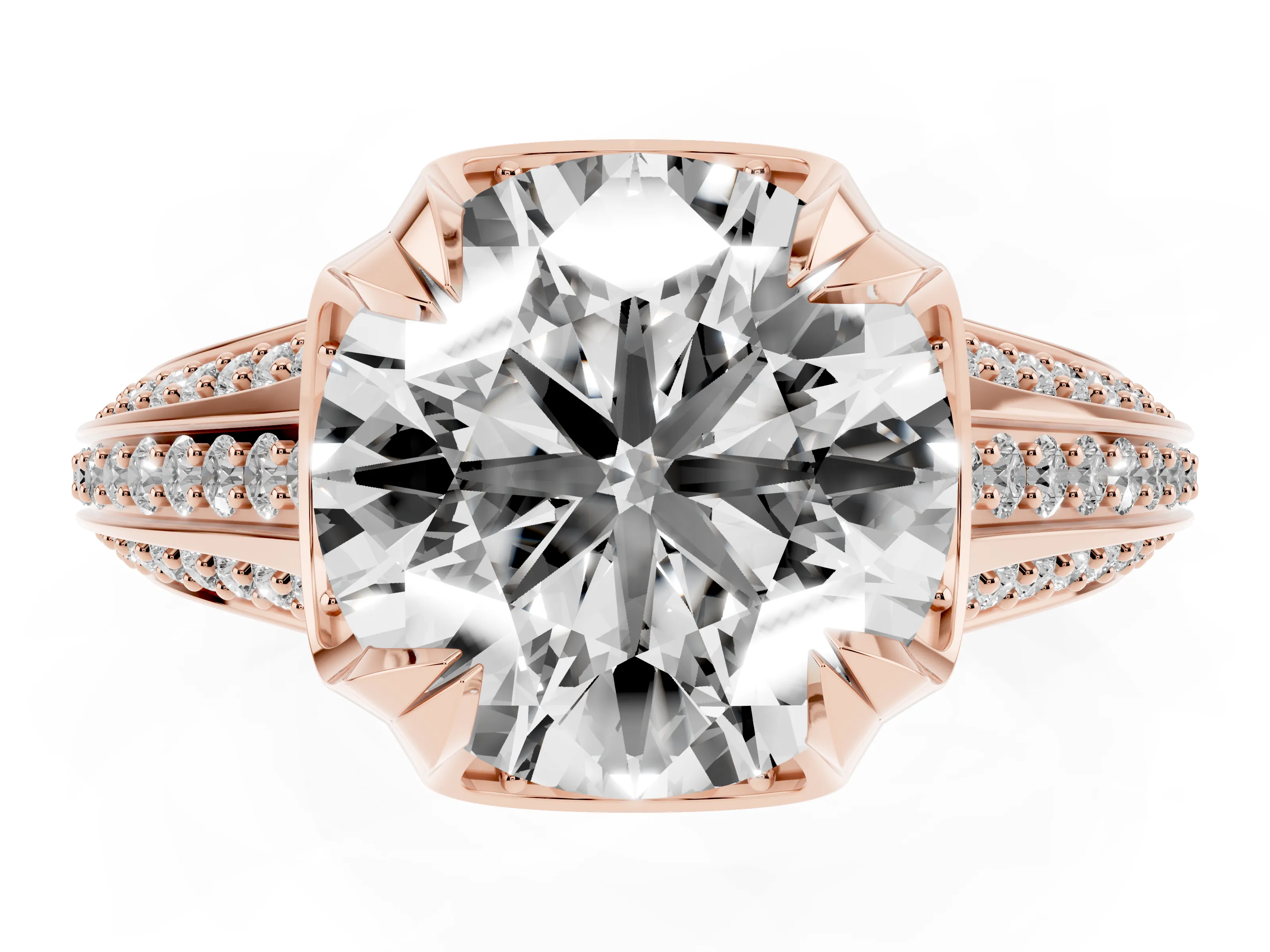 Round Cut Diamond Pavé Split Shank Solitaire Ring Set in Rose gold with Prong Setting