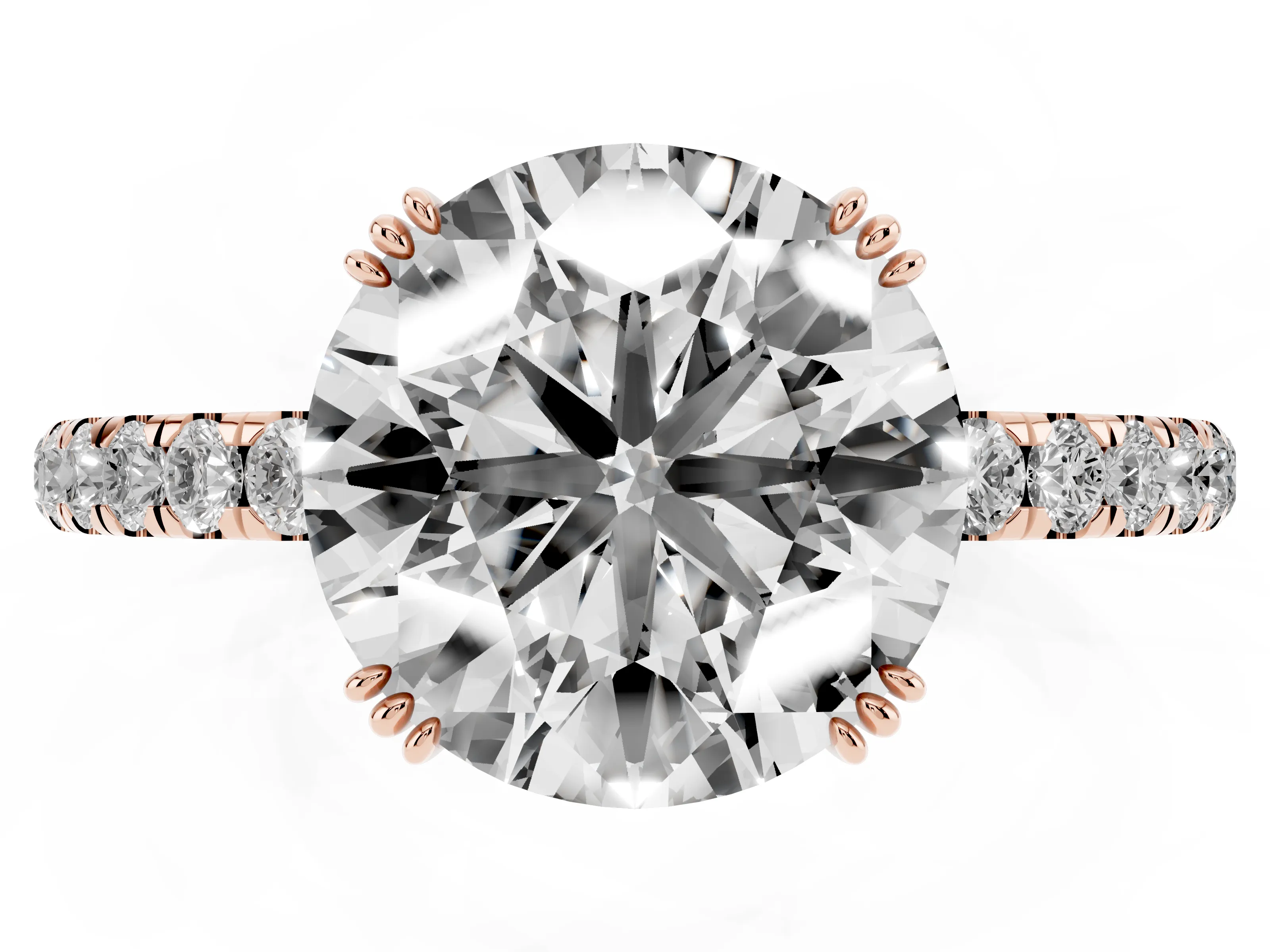 Round Cut Diamond Brilliant Solitaire Set in Rose gold with Pavé Band and Claw Prong Setting