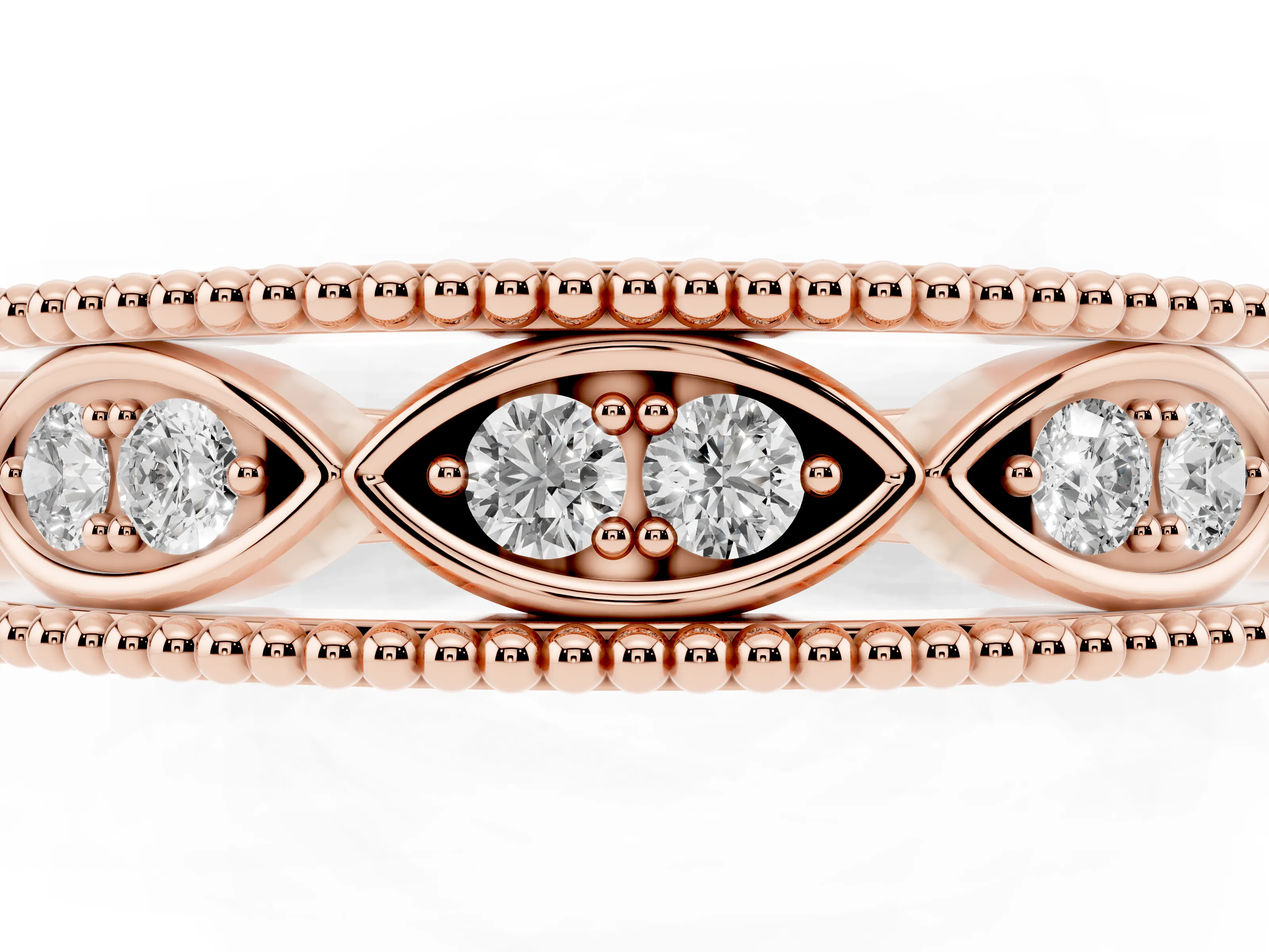 Round Diamond Marquise Shape Band Set in Rose gold with Milgrain Detail and Prong Setting