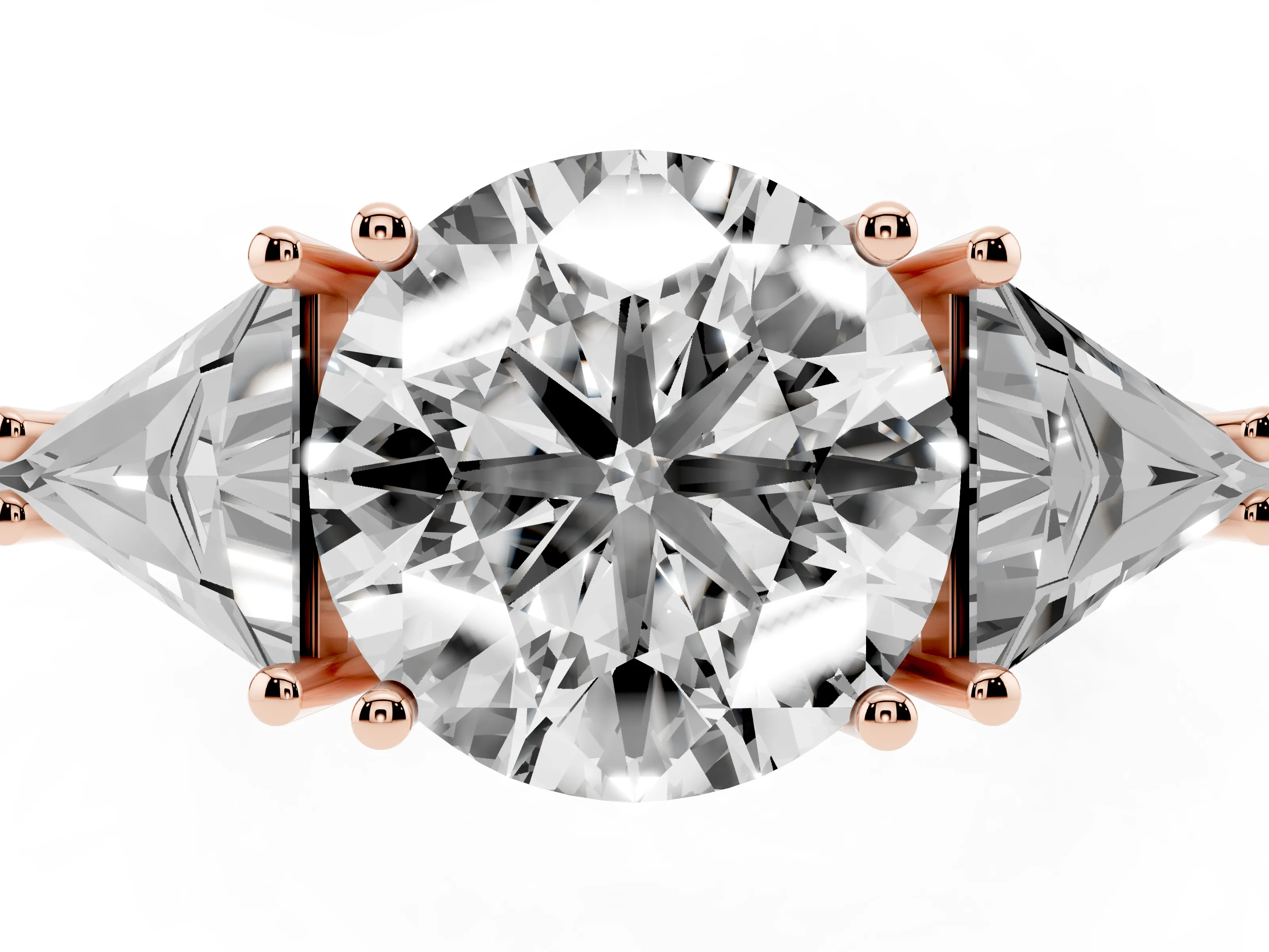 Round Cut Diamond Three-Stone Engagement Ring Set in Rose gold with Trillion Side Stones