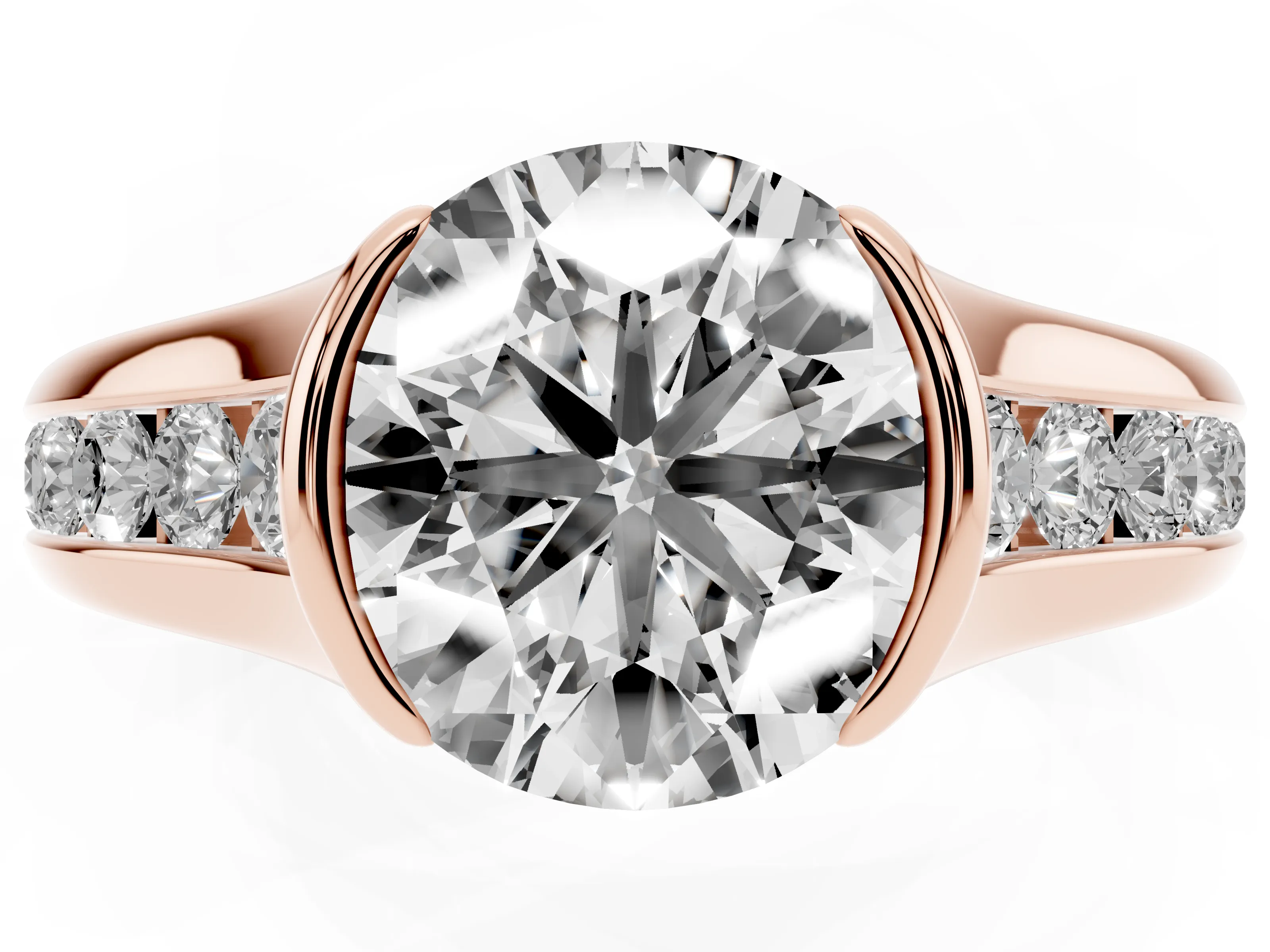 Round Cut Diamond Bezel-Set Solitaire Ring Set in Rose gold with Channel-Set Band