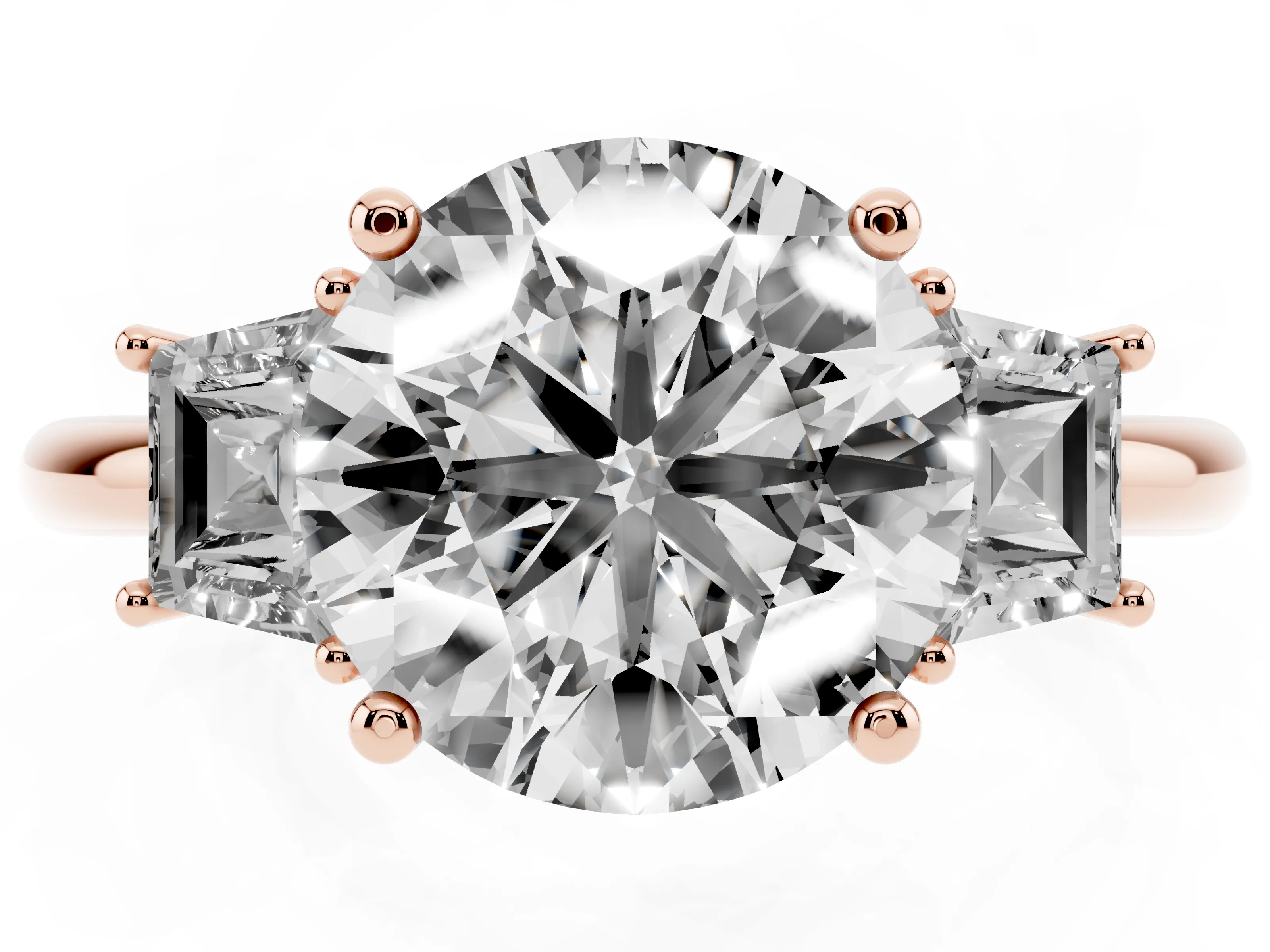 Round Cut Diamond Three-Stone Ring Set in Rose gold with Trapezoid Side Stones and Prong Setting