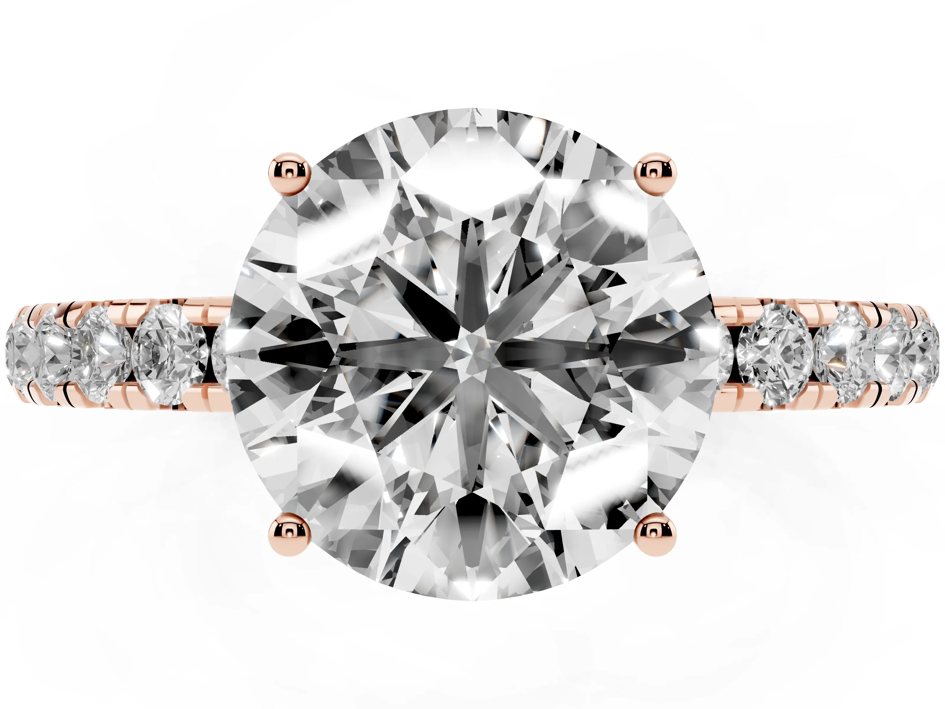 Round Cut Diamond Pavé Solitaire Engagement Ring Set in Rose gold with Prong Setting