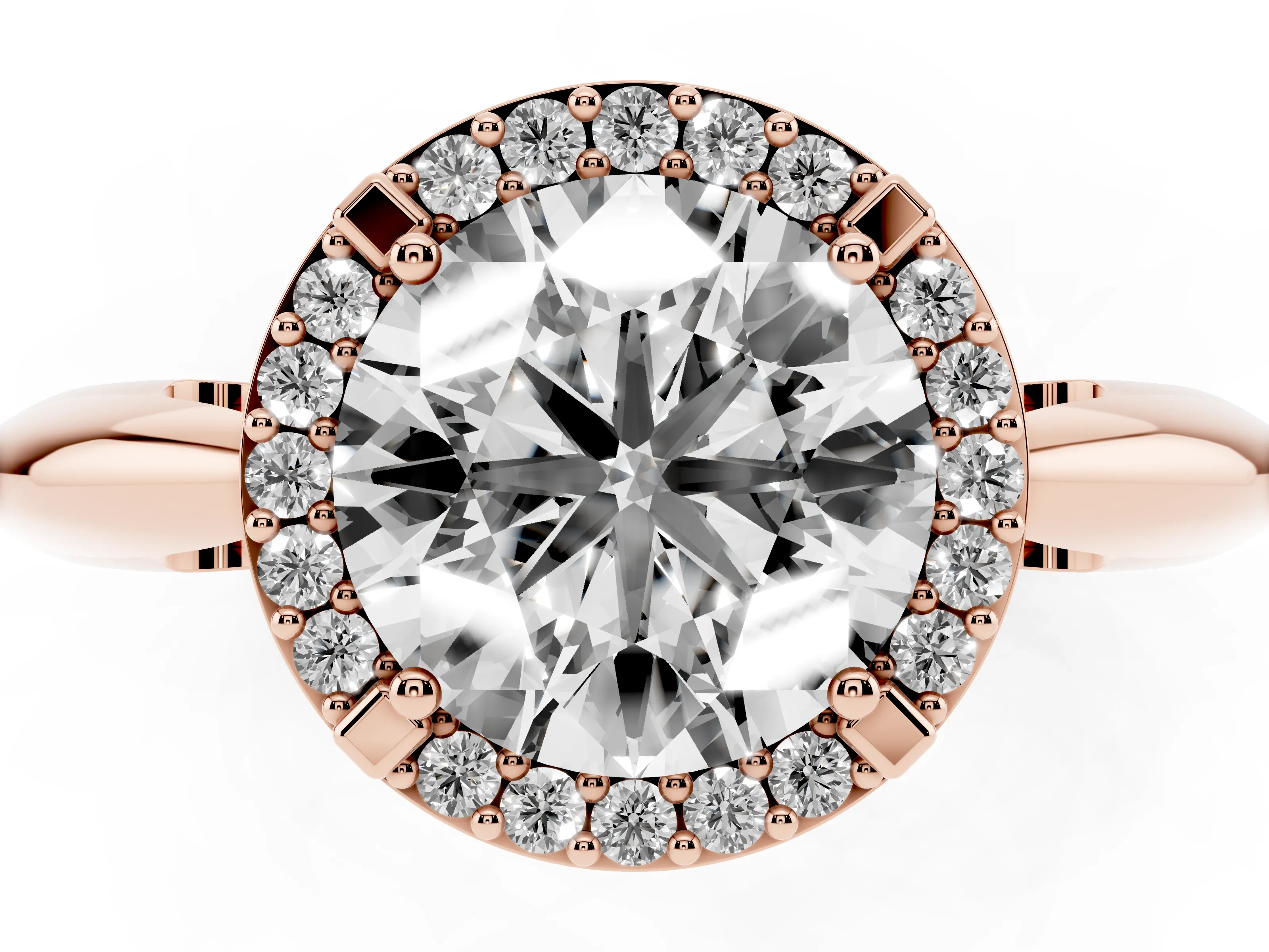 Round Cut Diamond Halo Engagement Ring Set in Rose gold with Plain Split Shank and Prong Setting