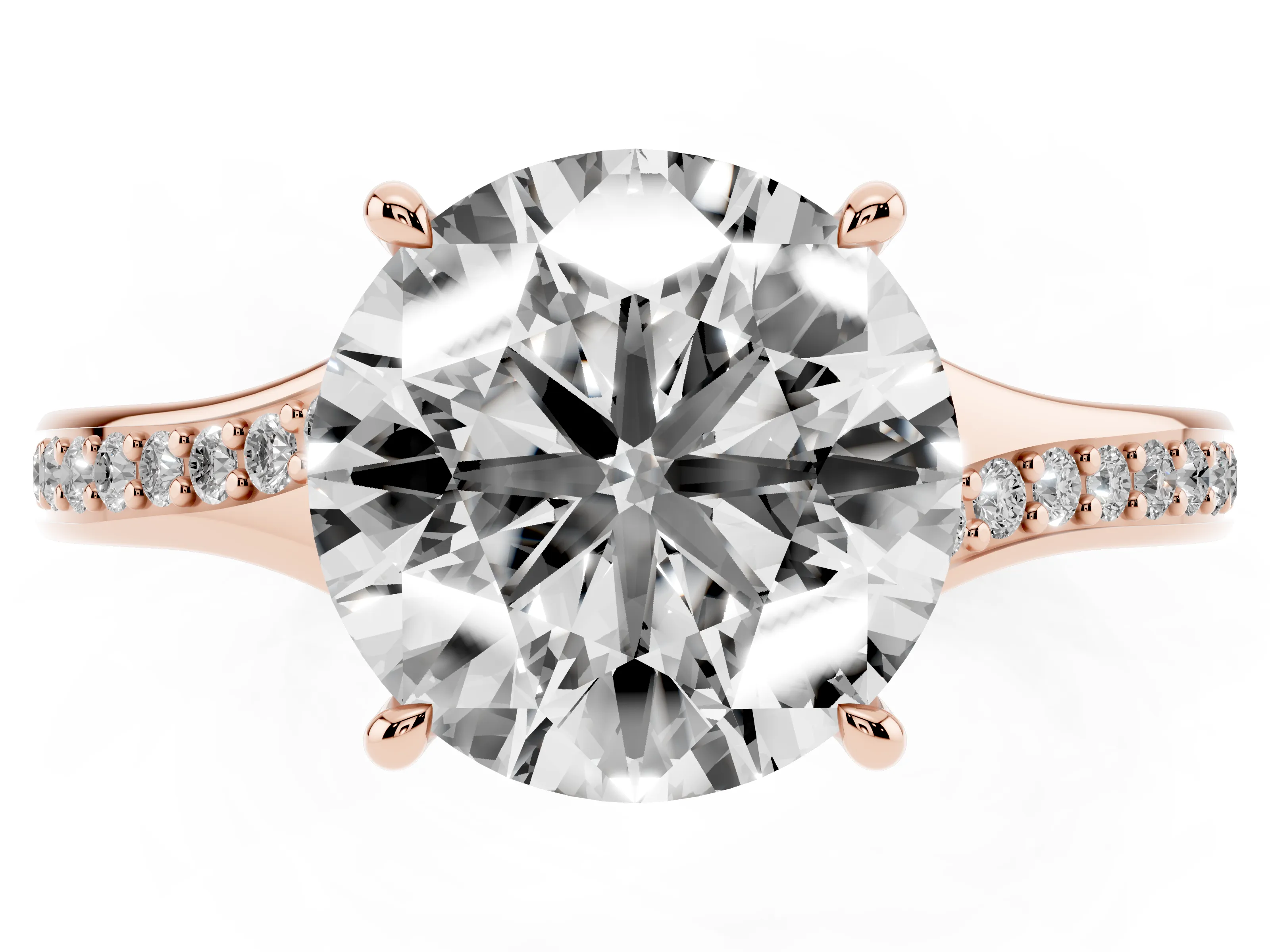Round Cut Diamond Solitaire Ring Set in Rose gold with Pavé Accent Band and Classic Prong Setting