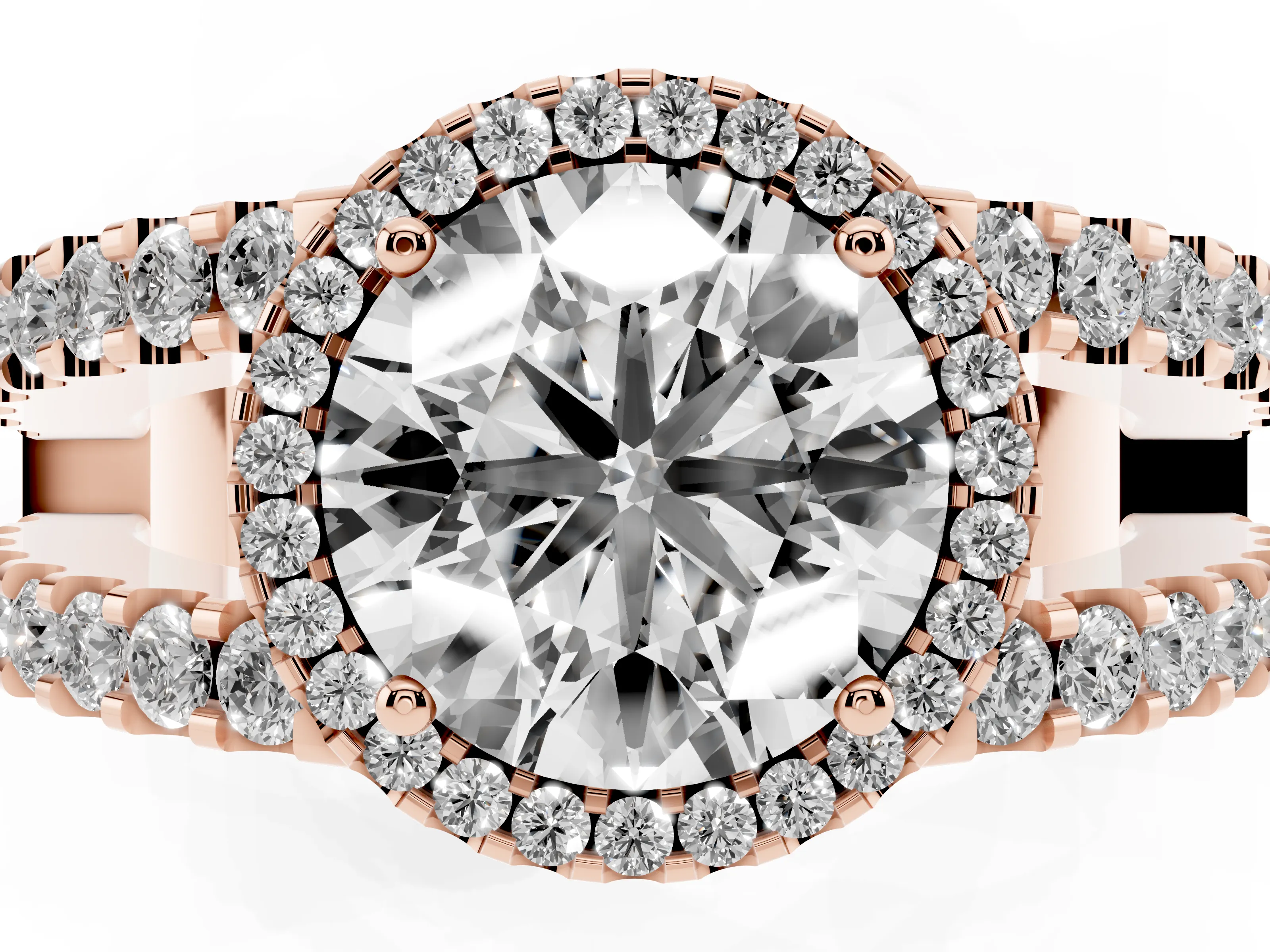 Round Cut Diamond Halo Ring Set in Rose gold with Pavé Split Shank and Prong Setting