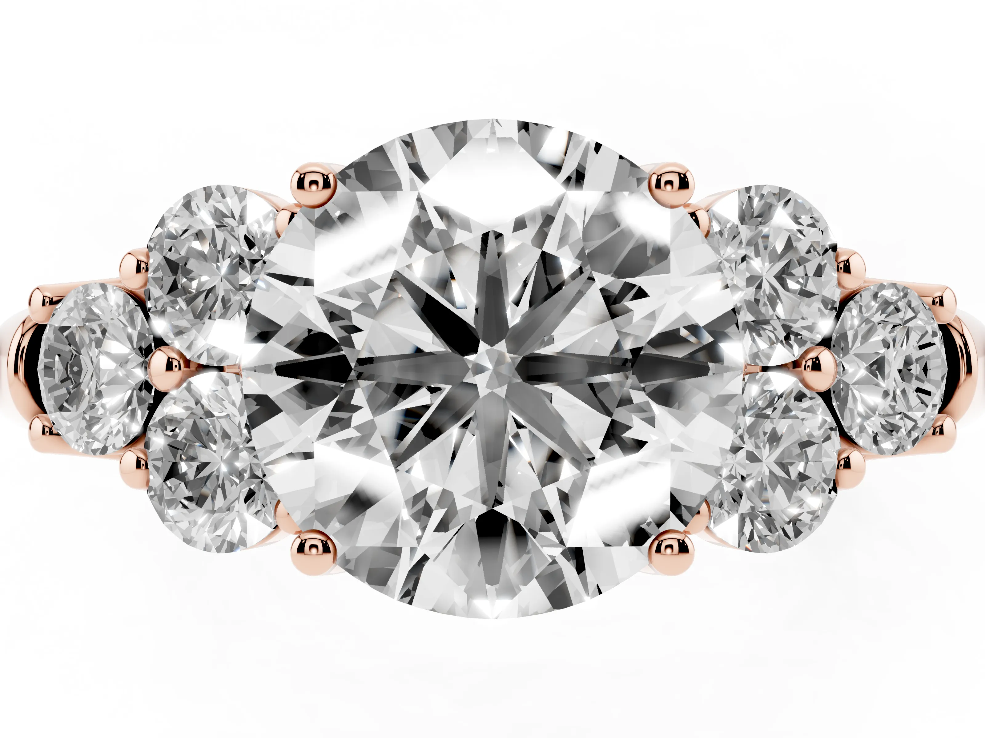 Round Cut Diamond Cluster Ring Set in Rose gold with Round Accent Stones and Prong Setting on a Plain Band