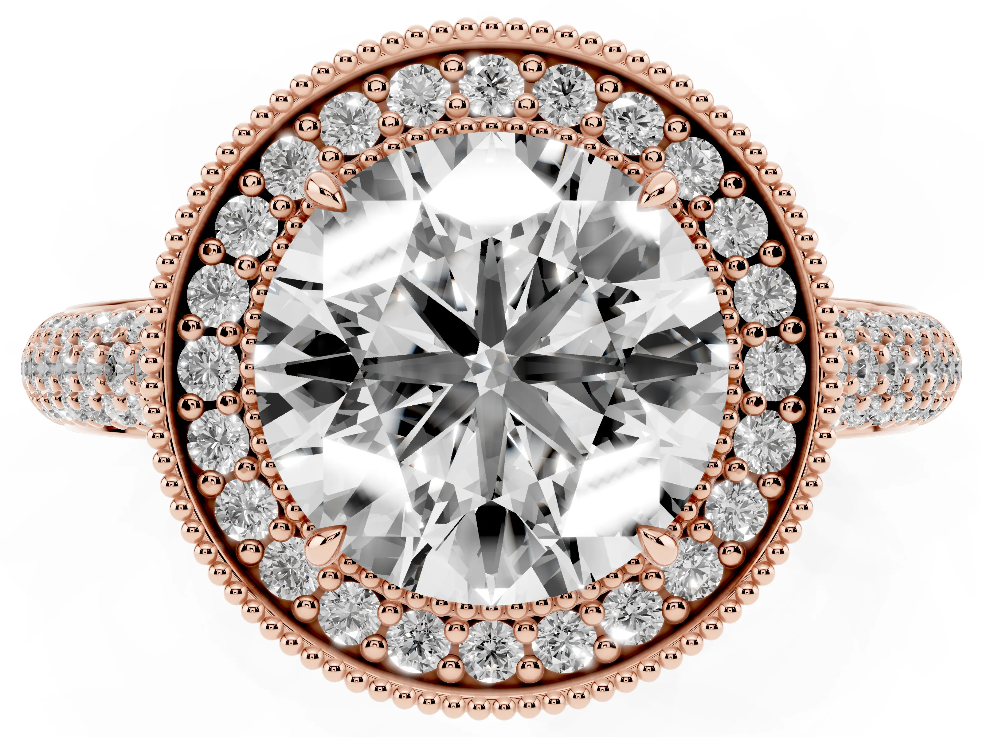 Round Cut Diamond Halo Pavé Band Set in Rose gold with Prong Setting