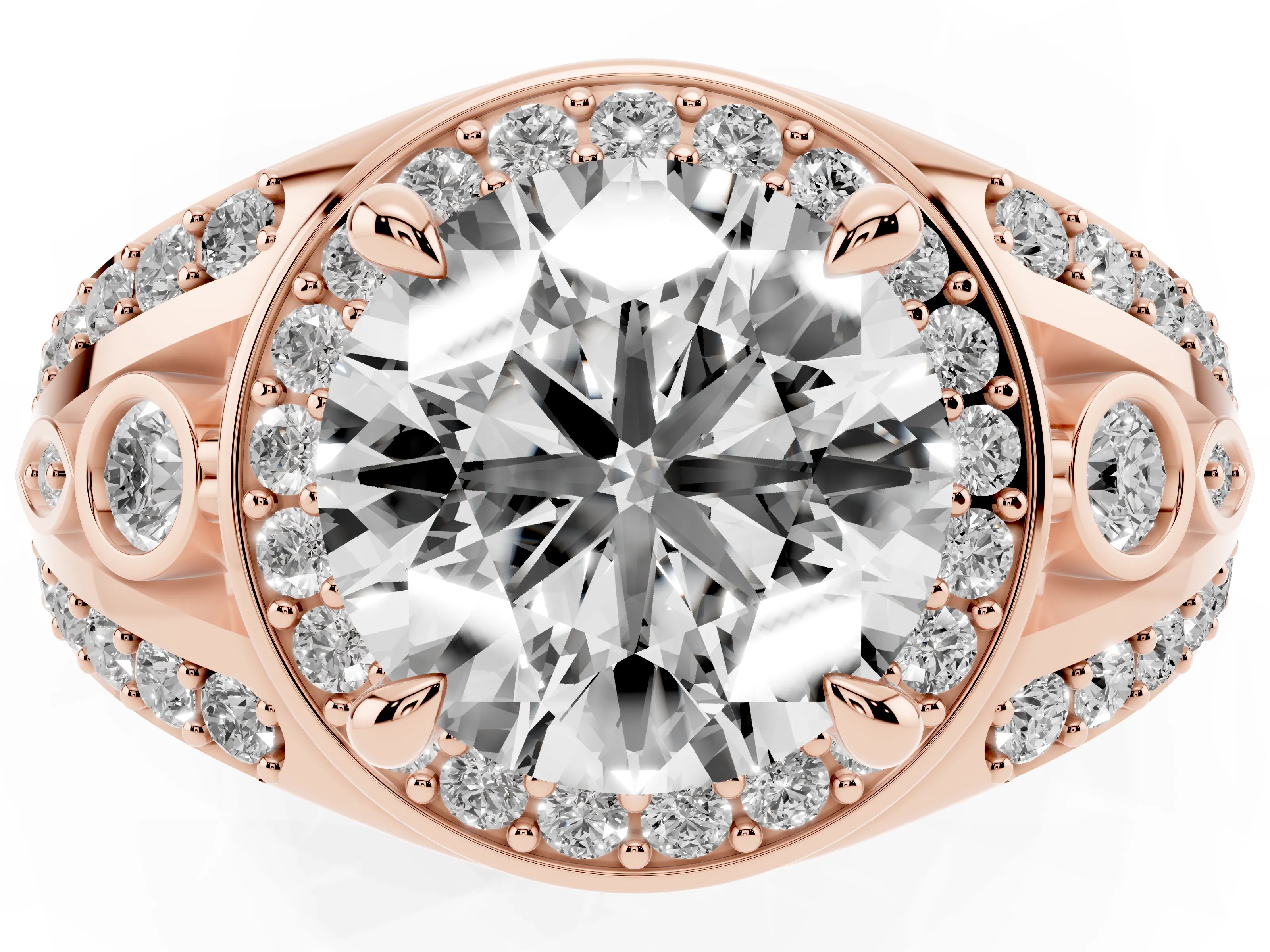 Round Cut Diamond Halo Ring Set in Rose gold with Pavé Split Shank and Bezel Accents