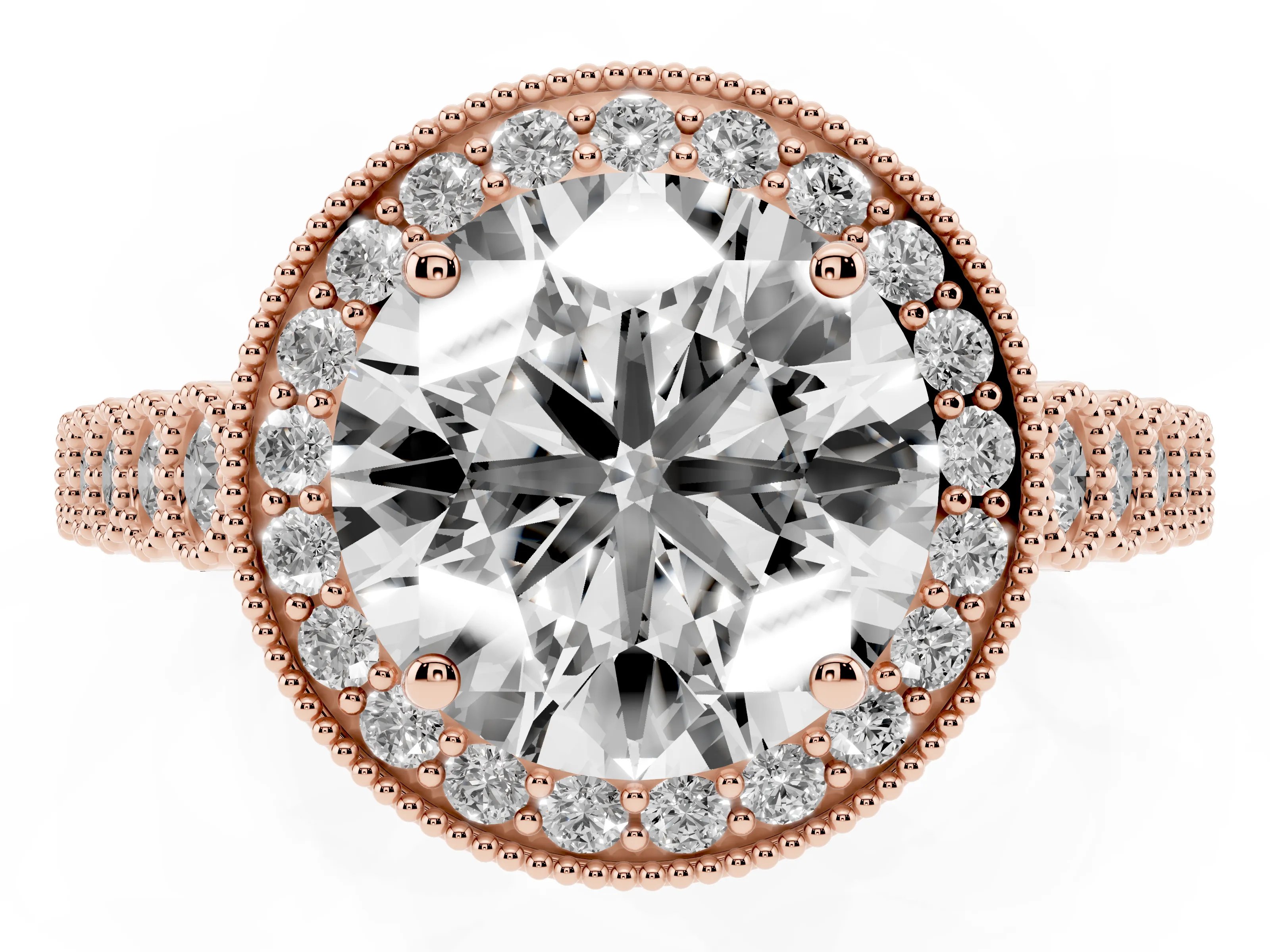 Round Cut Diamond Milgrain Halo Solitaire Ring Set in Rose gold with Bezel Set Side Stones and Pavé Band