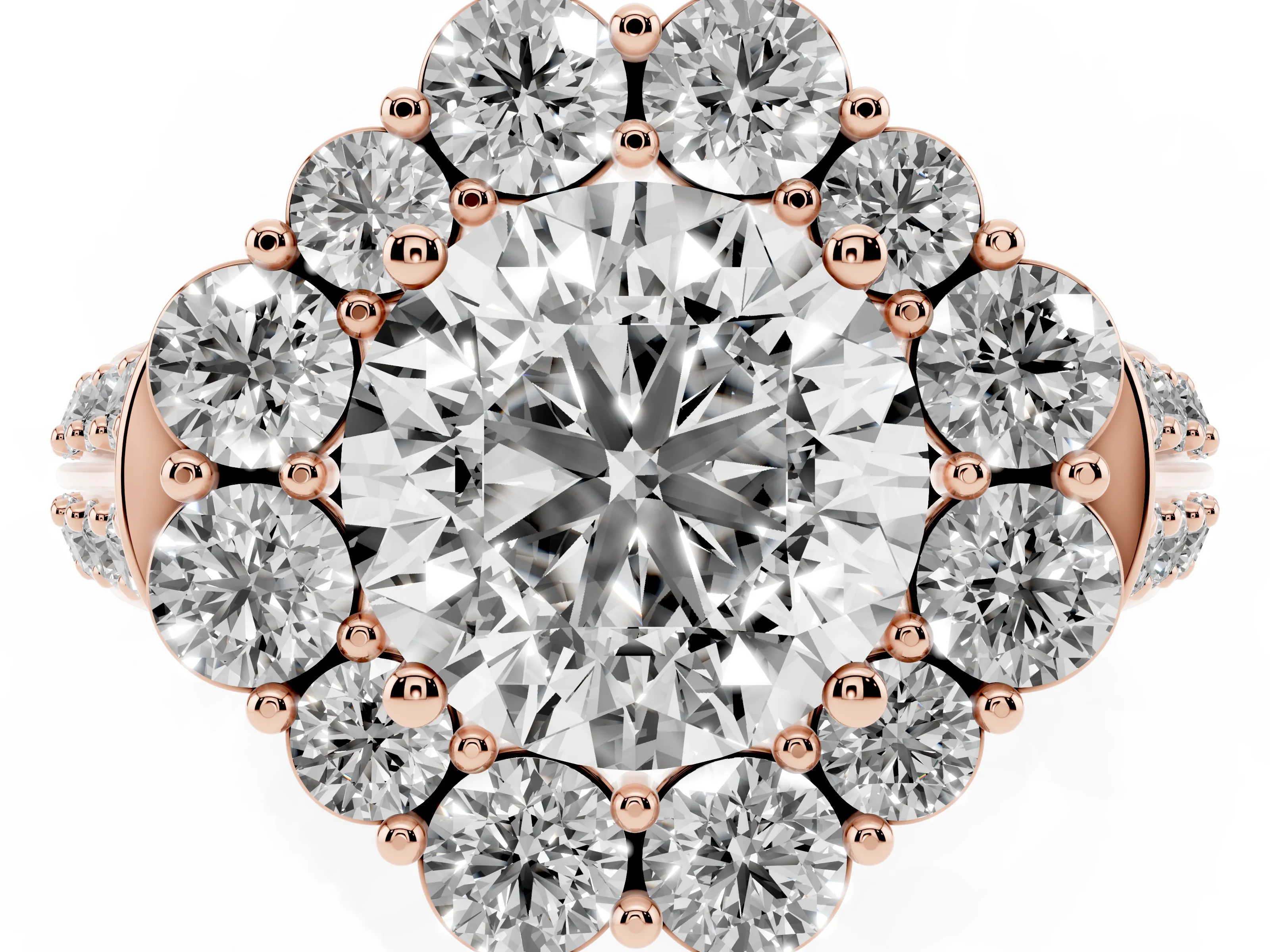 Round Cut Diamond Halo Engagement Ring Set in Rose gold with Split Shank and Prong Setting