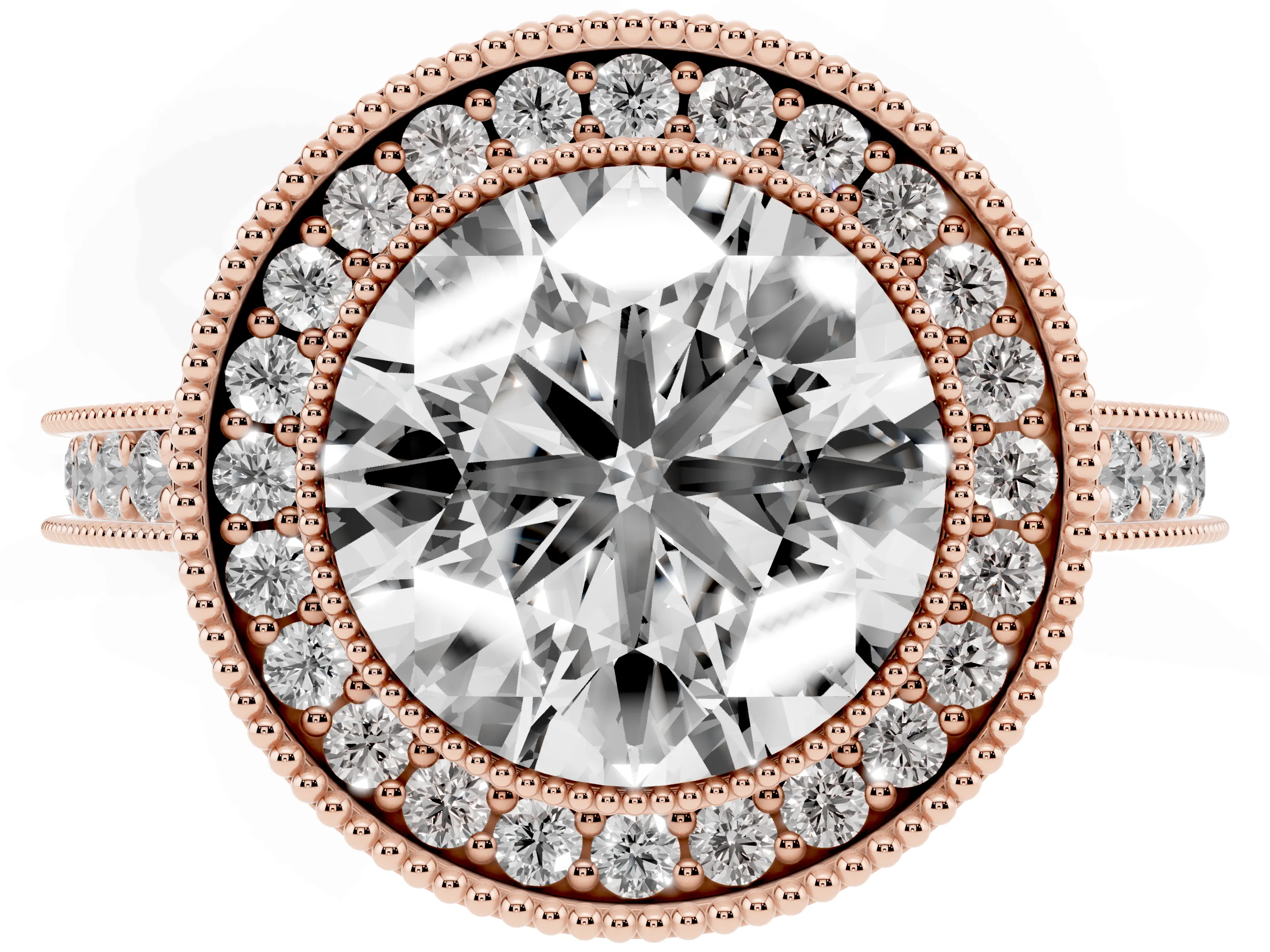 Round Cut Diamond Halo Milgrain Pavé Band Ring Set in Rose gold with Prong Setting