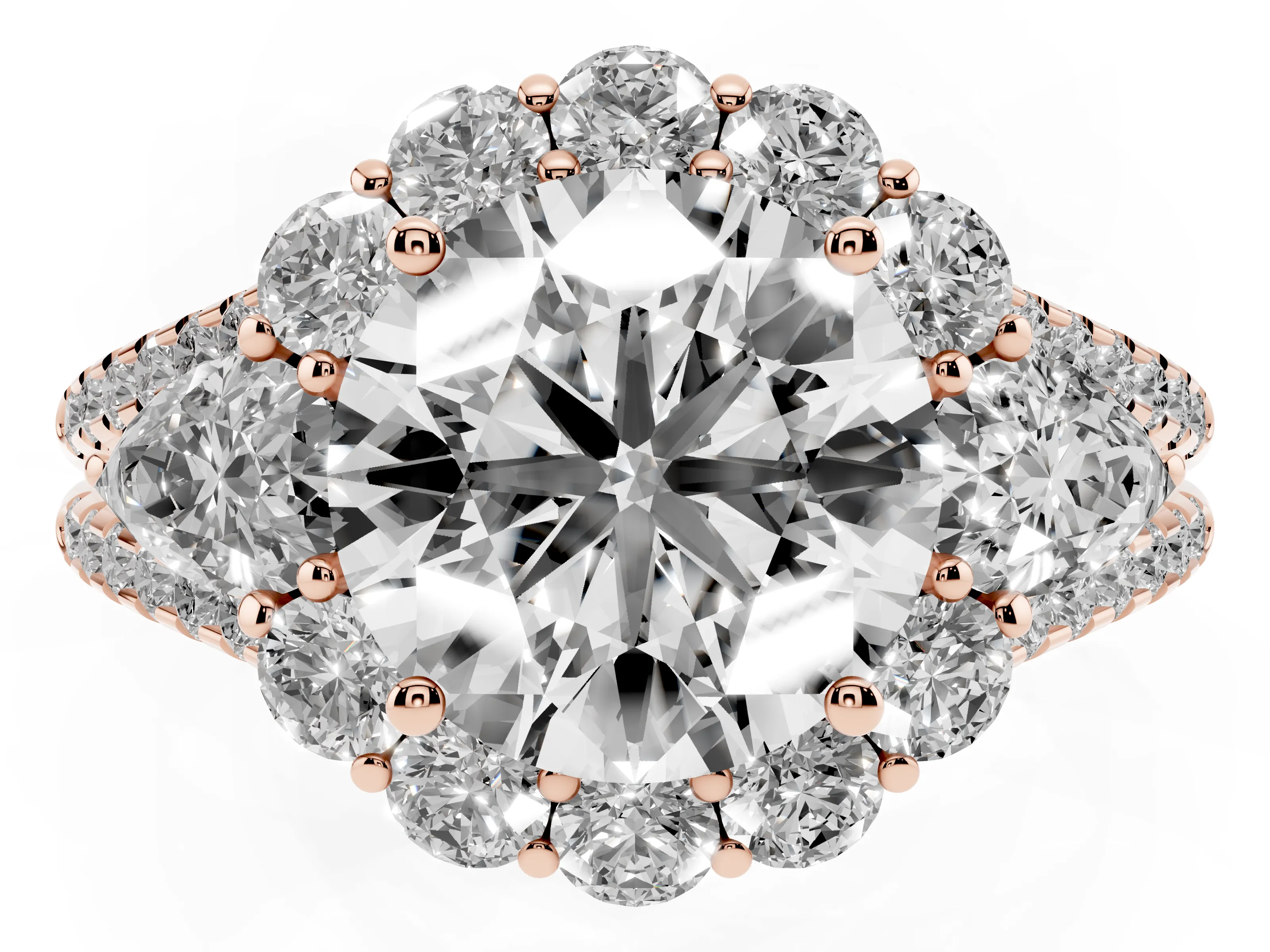 Round Cut Diamond Halo Split Shank Engagement Ring Set in Rose gold with Prong-Held Center Stone