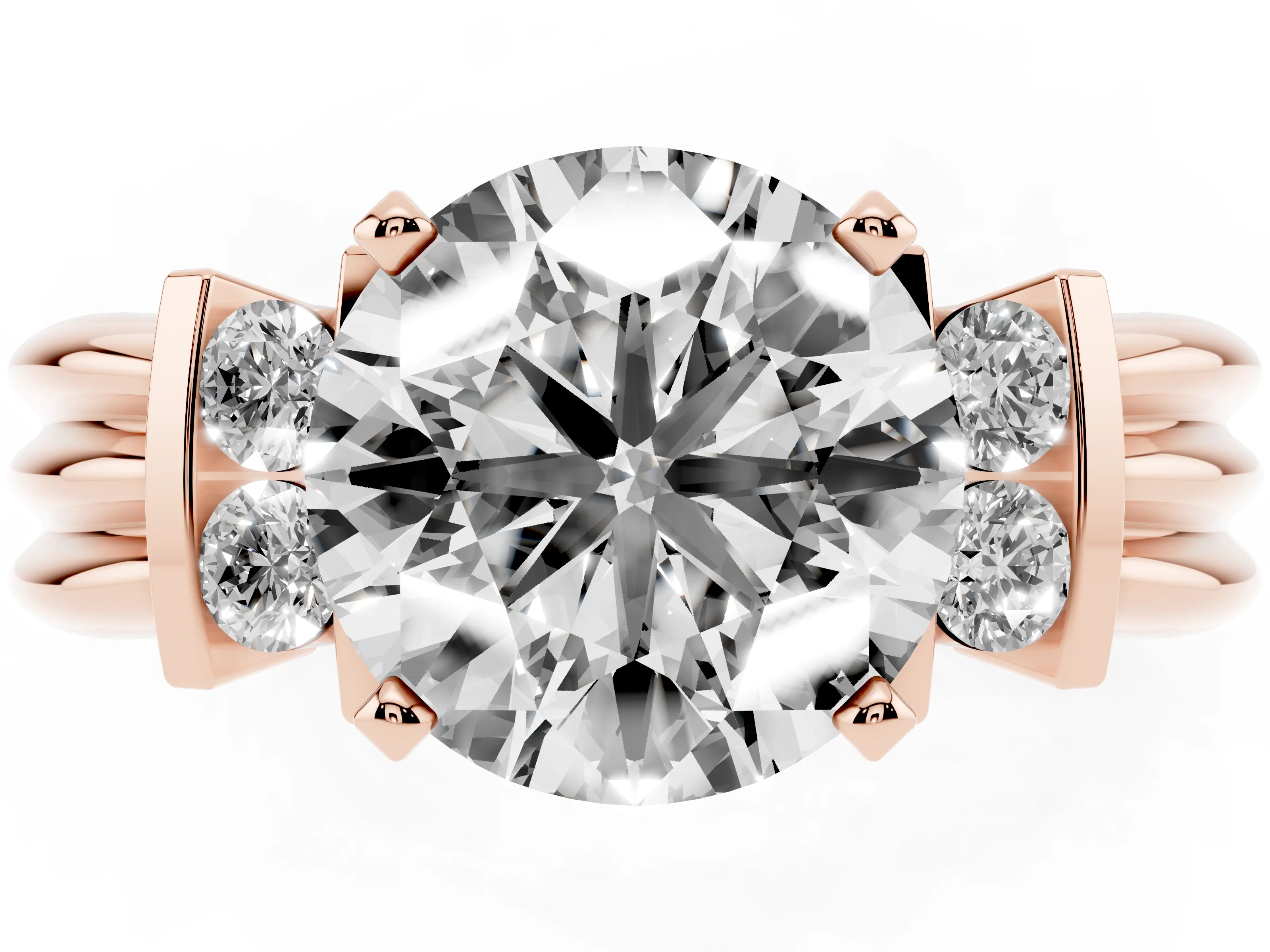 Three-Stone Round Cut Diamond Channel Set Ring Set in Rose gold with Bar Prongs