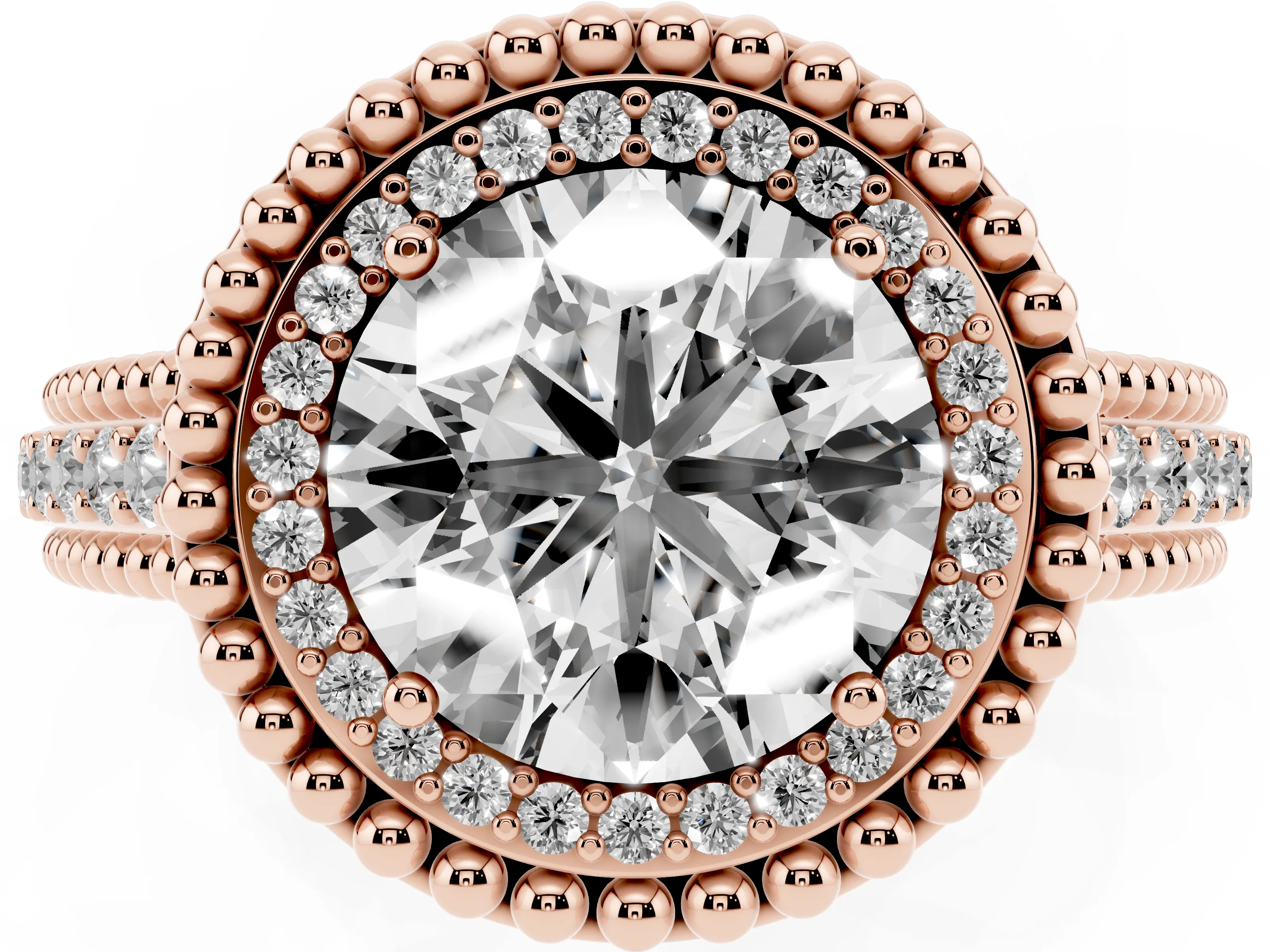 Round Cut Diamond Halo Ring Set in Rose gold with Beaded Split Shank and Prong Setting