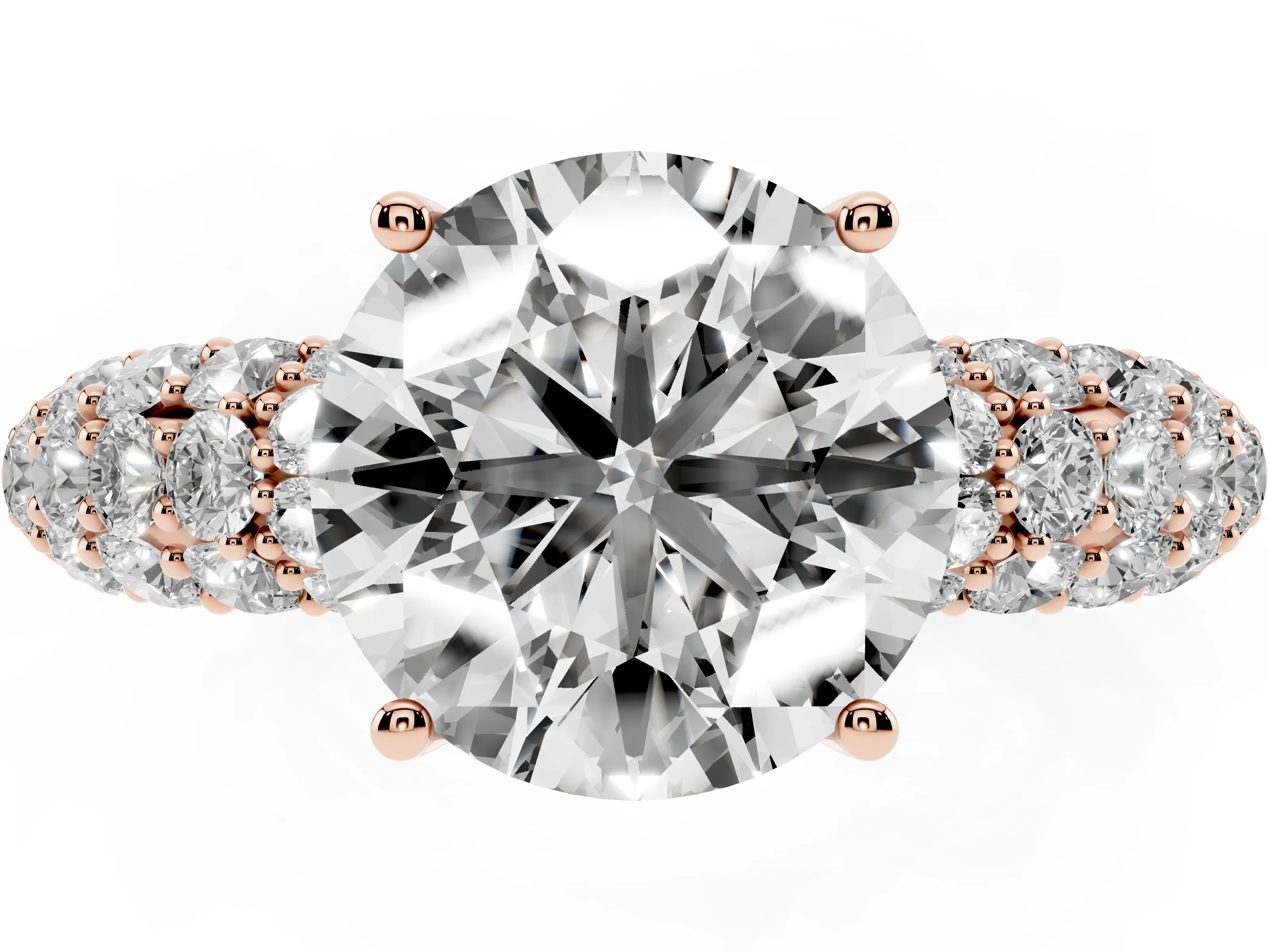 Round Cut Diamond Pavé Band Solitaire Ring Set in Rose gold with Close-Set Accent Stones and Prong Setting