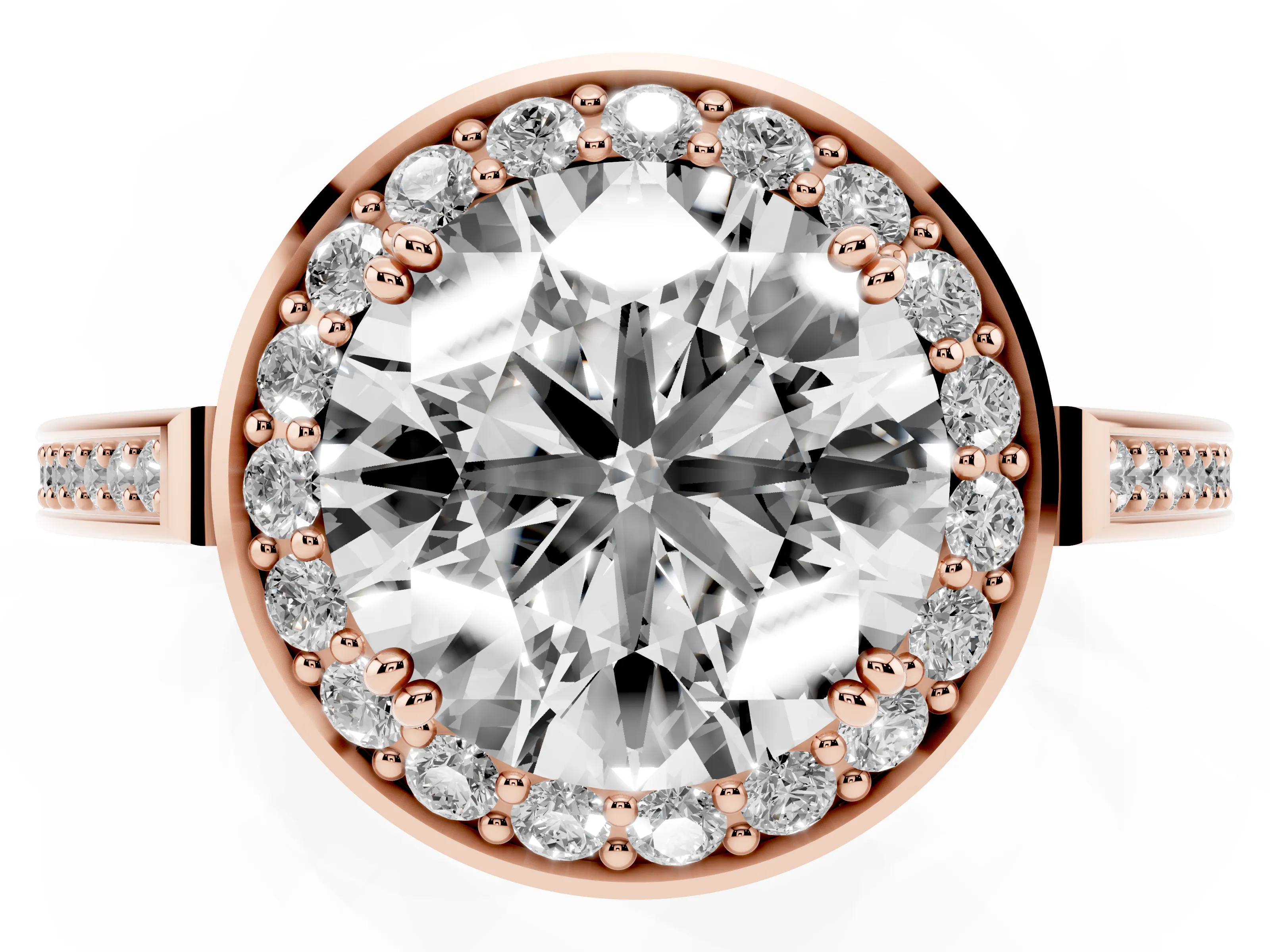 Round Cut Diamond Halo Ring Set in Rose gold with Accent-Lined Split Shank and Prong Setting