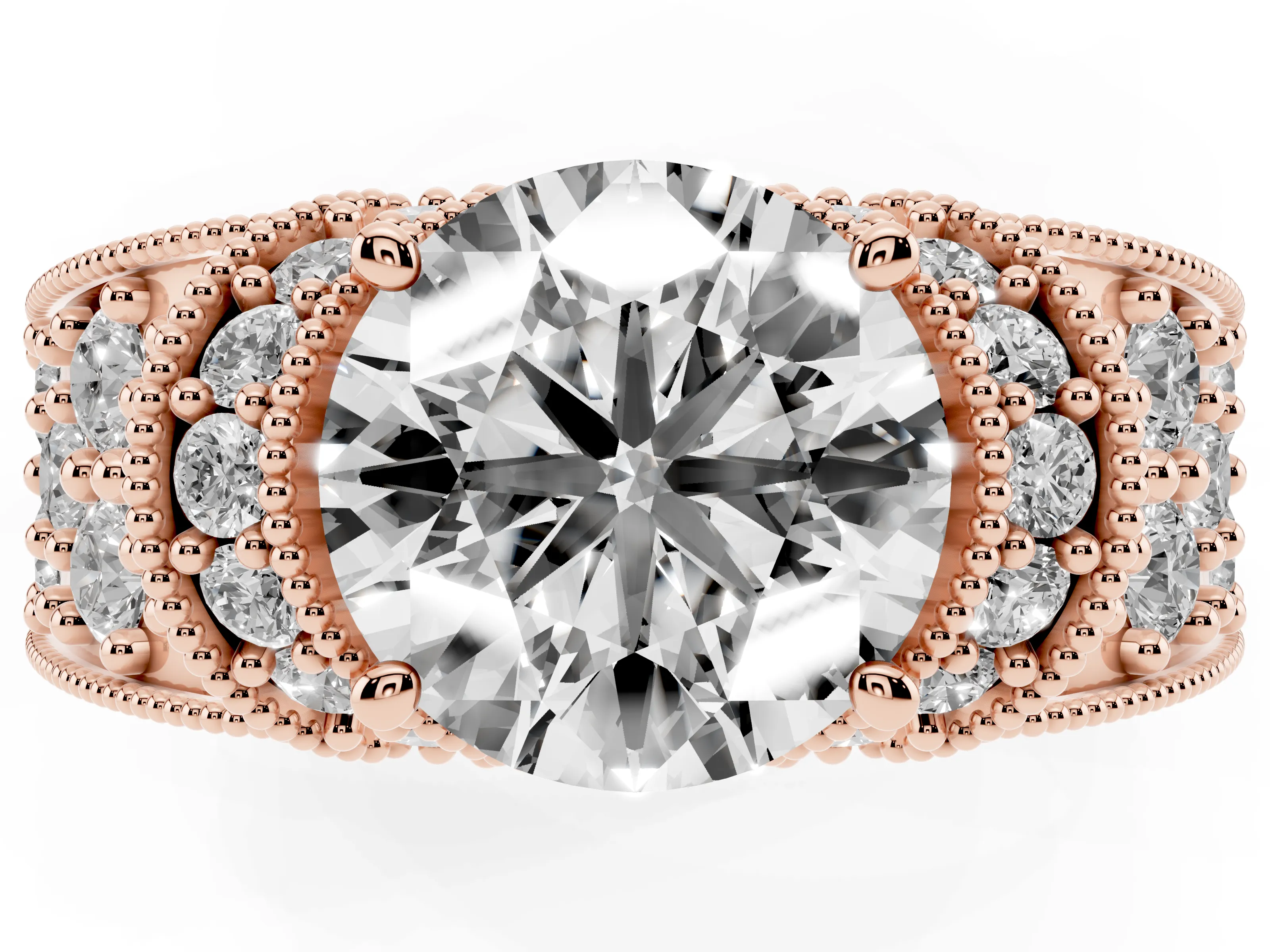 Round Cut Diamond Milgrain Halo Pavé Engagement Ring Set in Rose gold with Prong Setting