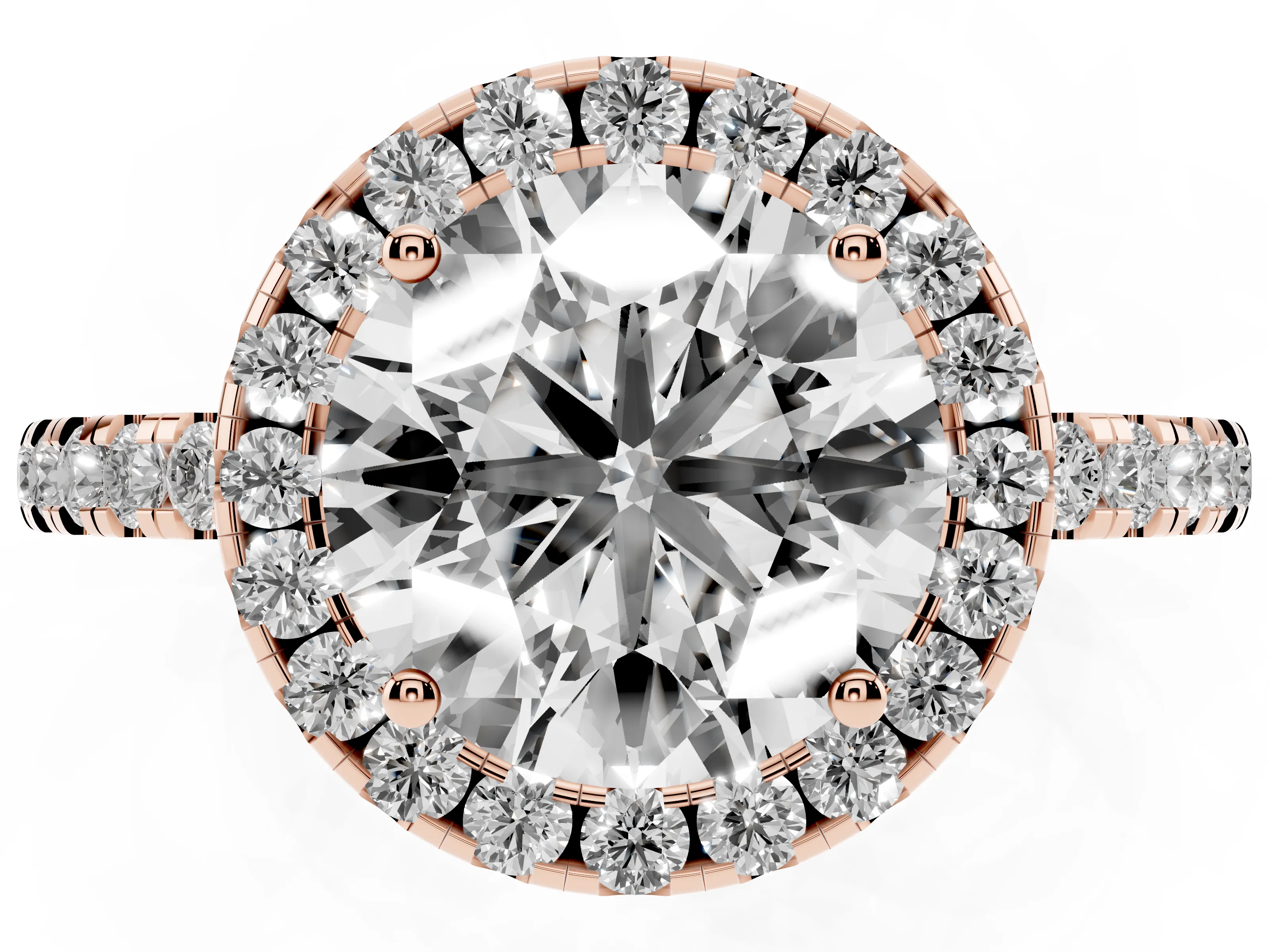 Round Cut Diamond Pavé Band Halo Engagement Ring Set in Rose gold with Prong Setting
