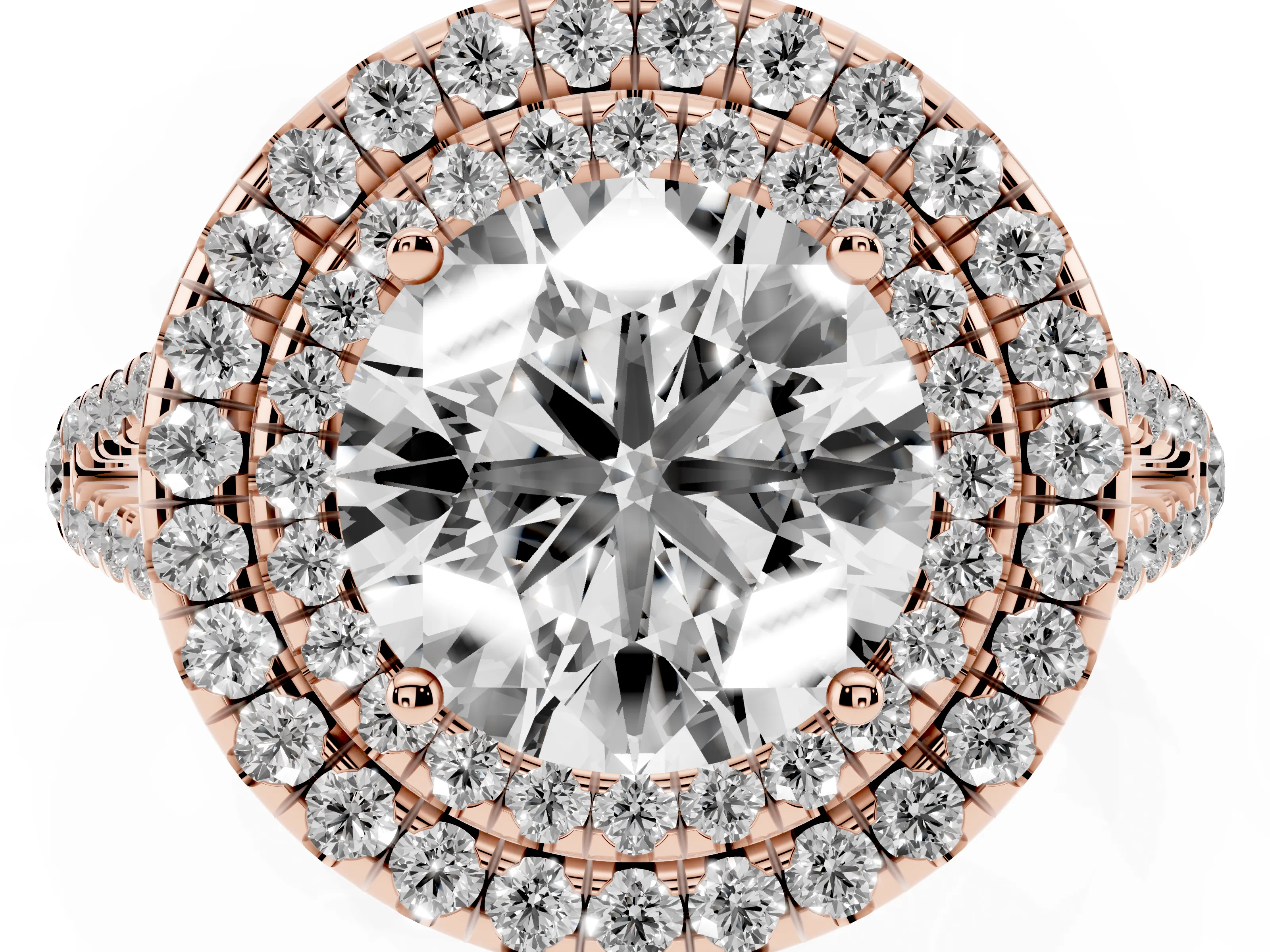 Round Cut Diamond Double Halo Ring Set in Rose gold with Pavé Band