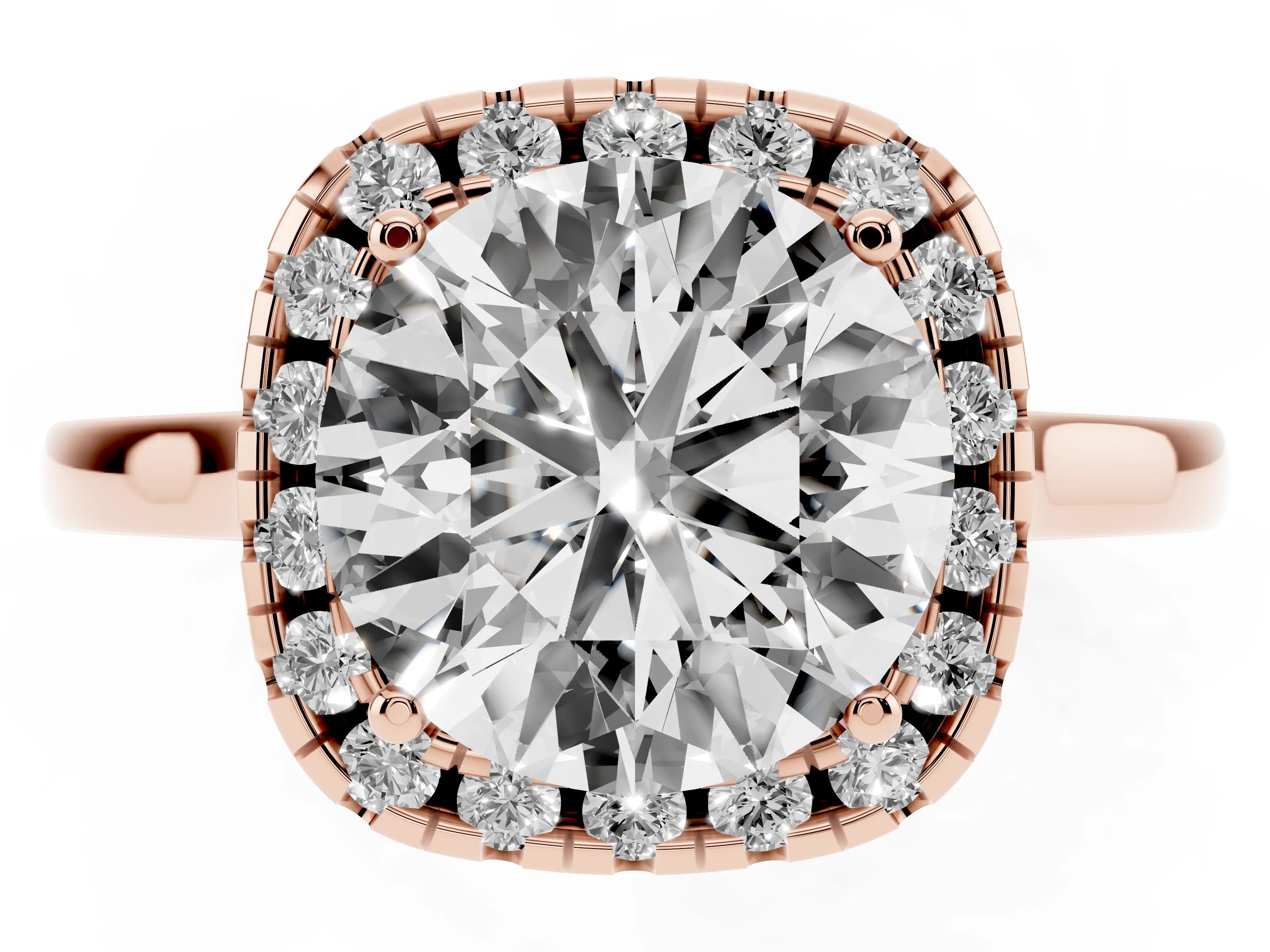 Round Cut Halo Round Diamond Solitaire Ring Set in Rose gold with Pavé Band and Prong Setting