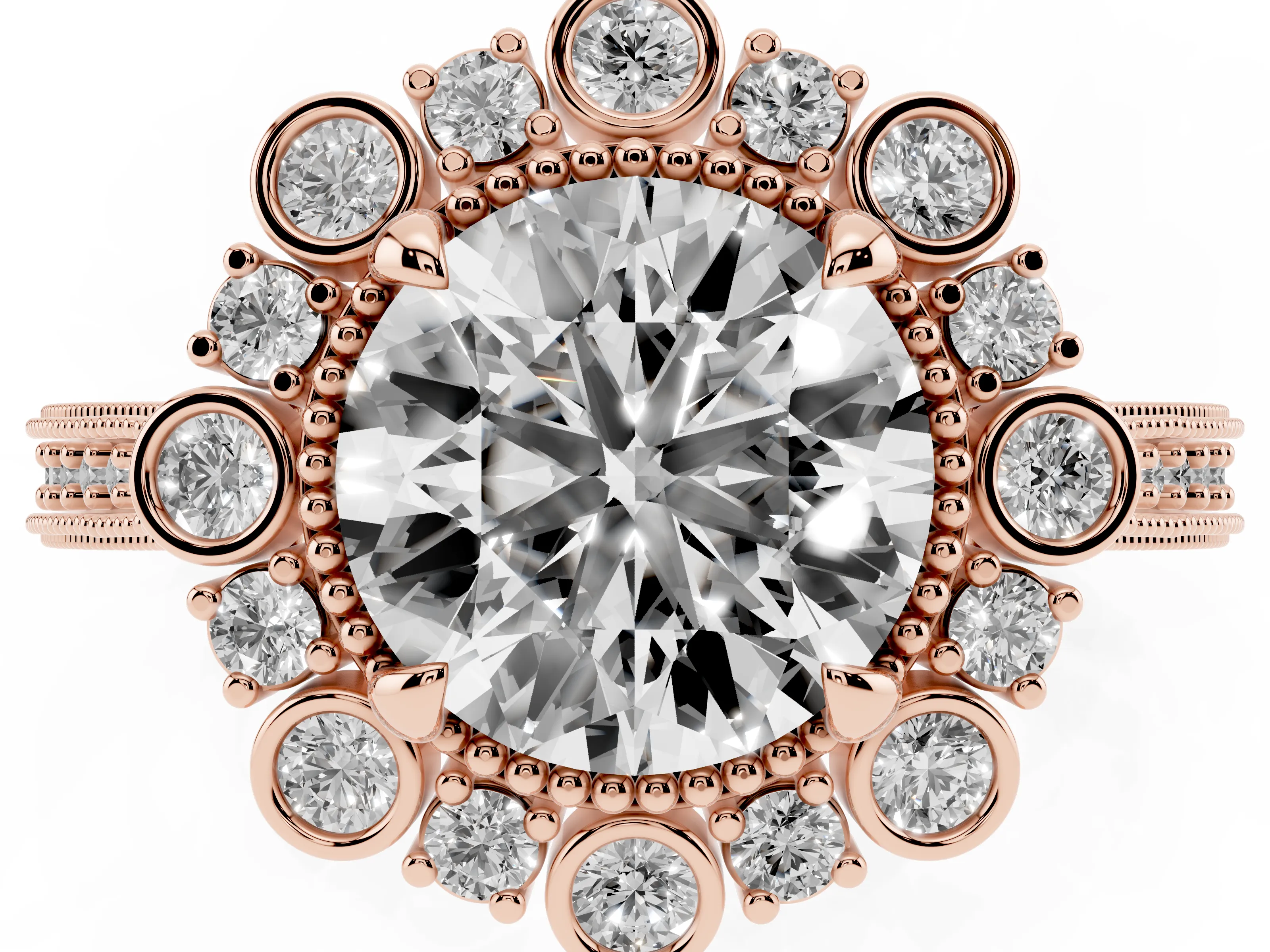 Round Cut Diamond Halo Milgrain Pavé Ring Set in Rose gold with Prong Setting