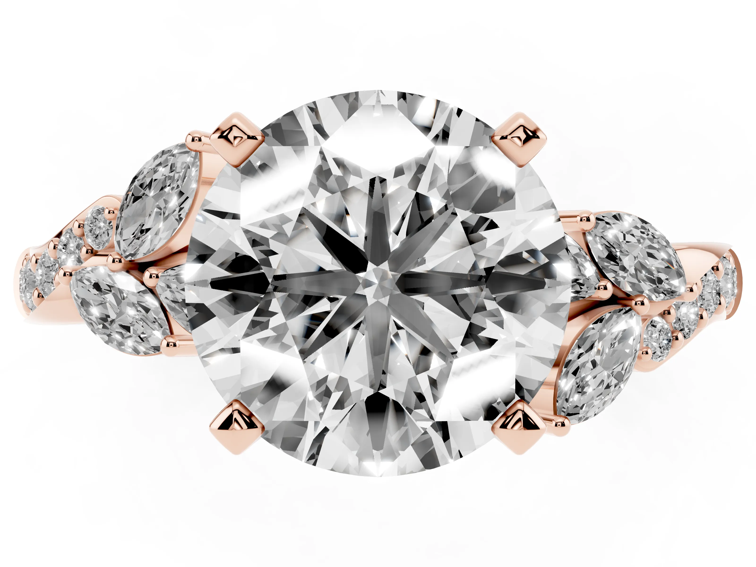 Round Cut Diamond Solitaire Ring Set in Rose gold with Marquise Twist Band and Prong Setting