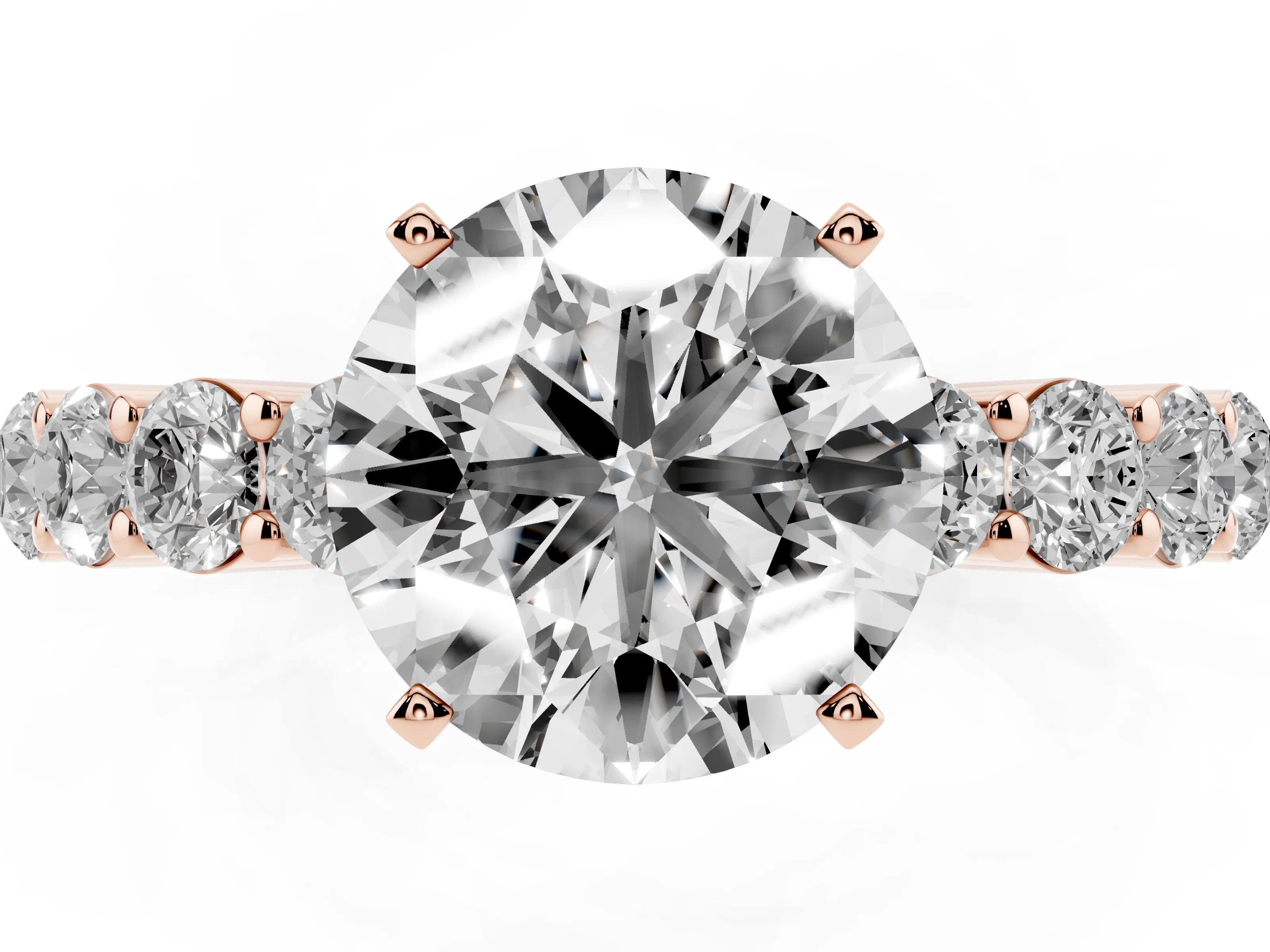 Round Cut Diamond Solitaire Ring Set in Rose gold with Shared Prong Round Side Stones
