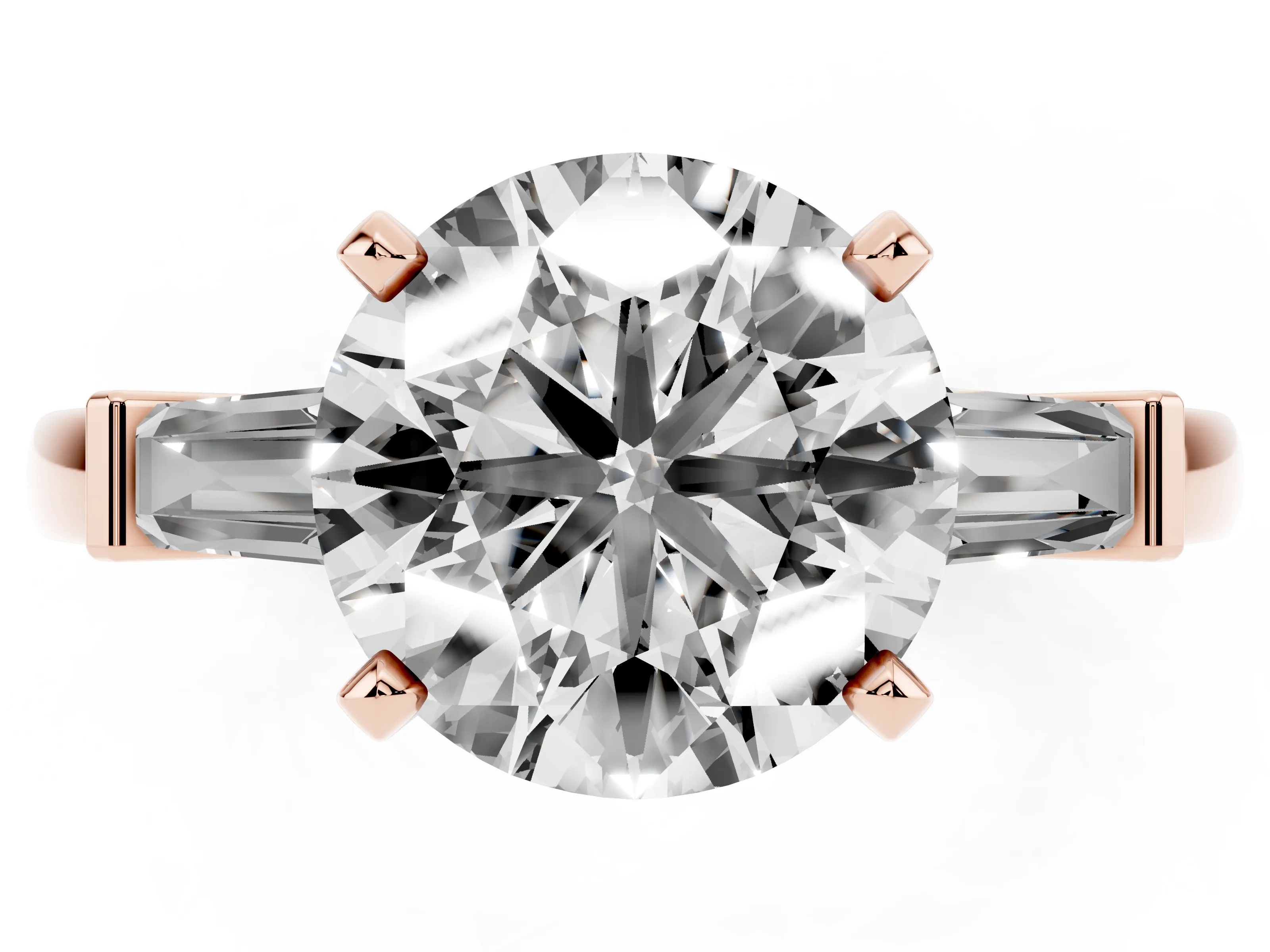 Round Cut Diamond Solitaire Ring Set in Rose gold with Tapered Baguette Accents and Prong Setting