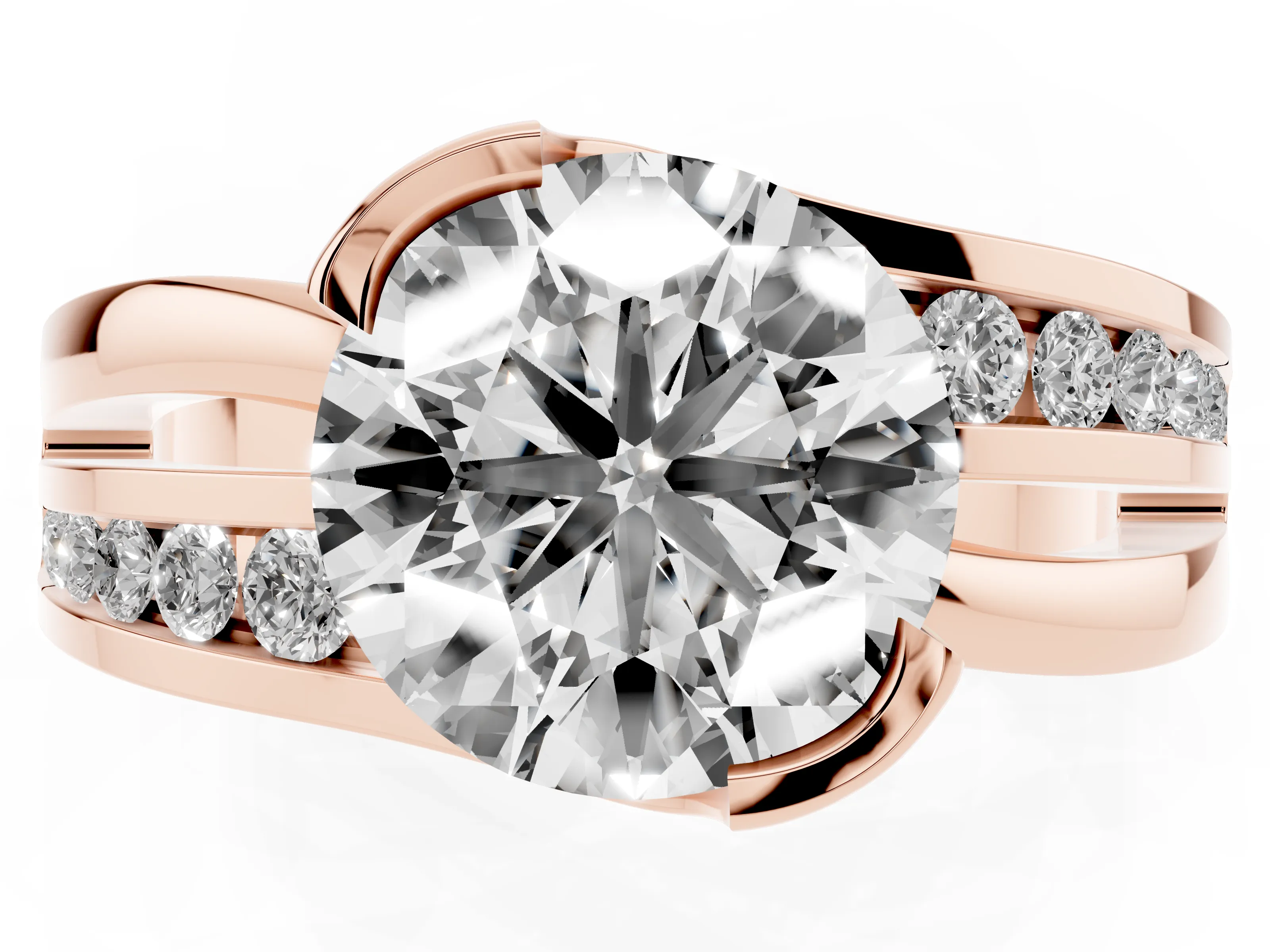 Round Cut Diamond Solitaire Ring Set in Rose gold with Channel Set Split Shank and Tension Prongs