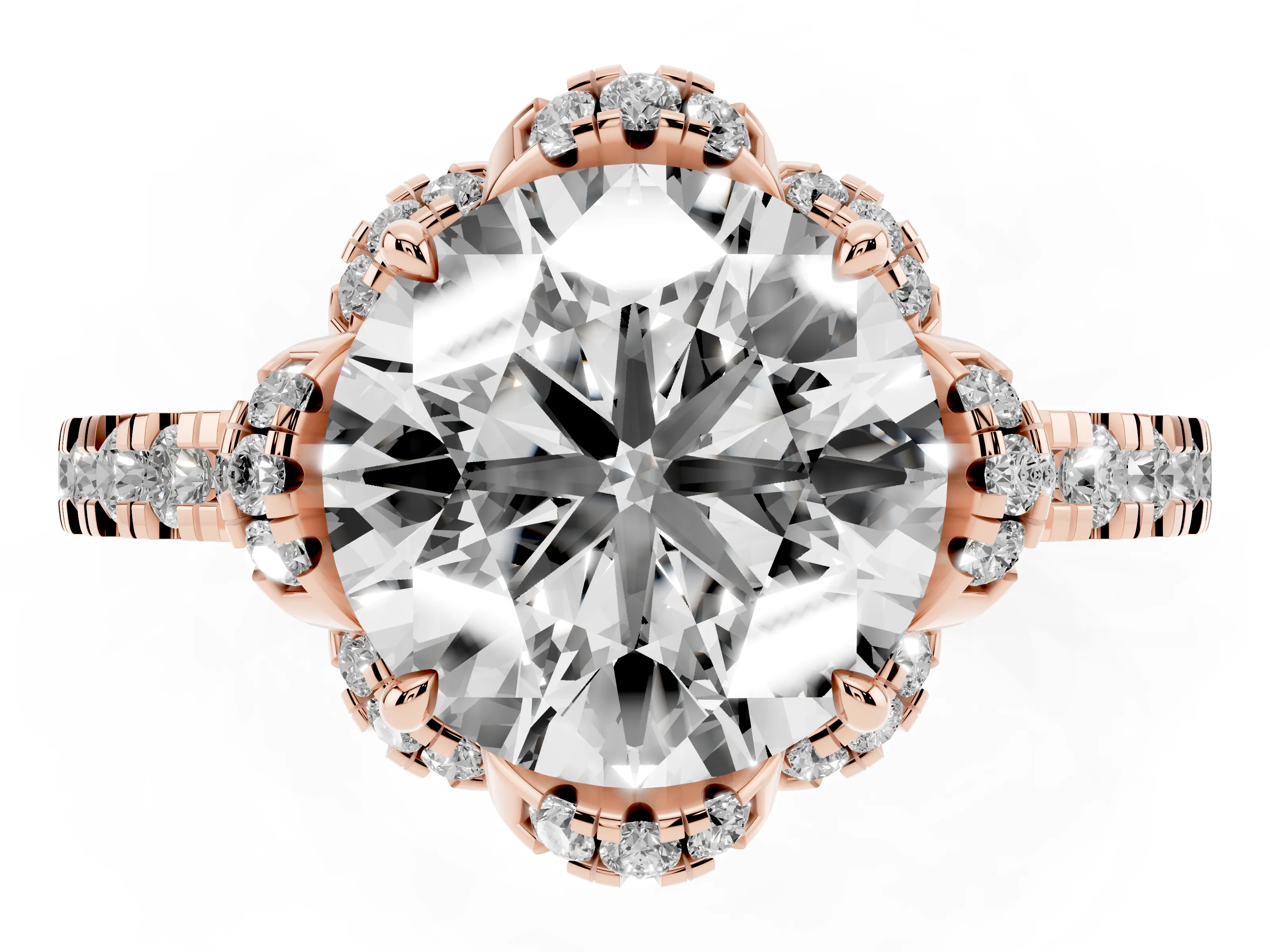Round Cut Diamond Halo Pavé Band Ring Set in Rose gold with Prong-Held Center