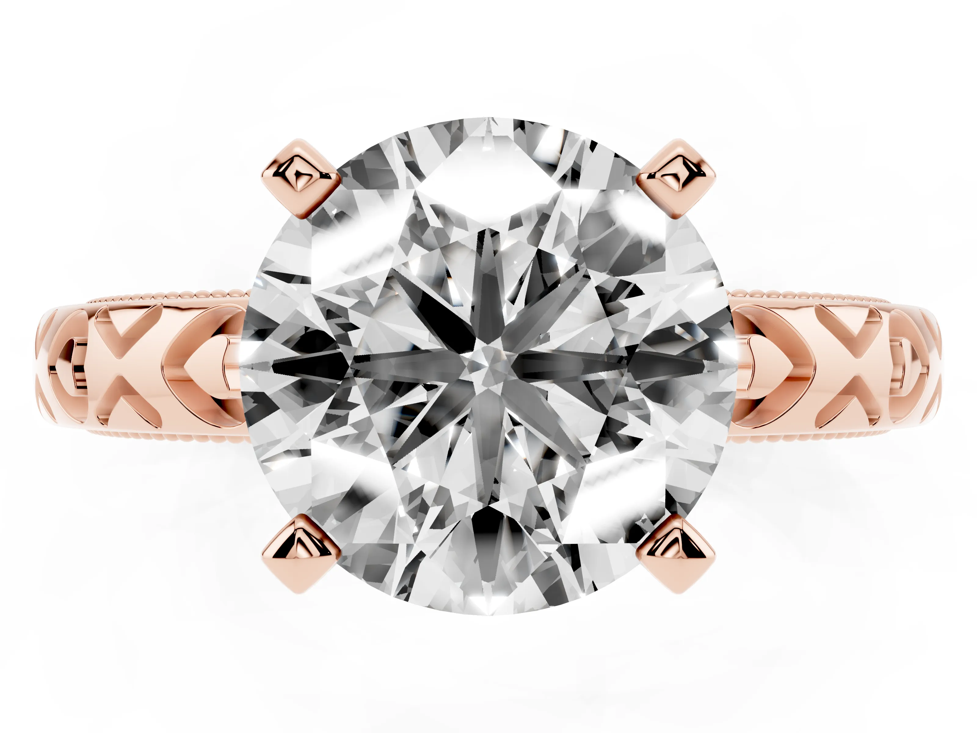 Round Cut Diamond Solitaire Engagement Ring Set in Rose gold with XO Engraved Band and Prong Setting