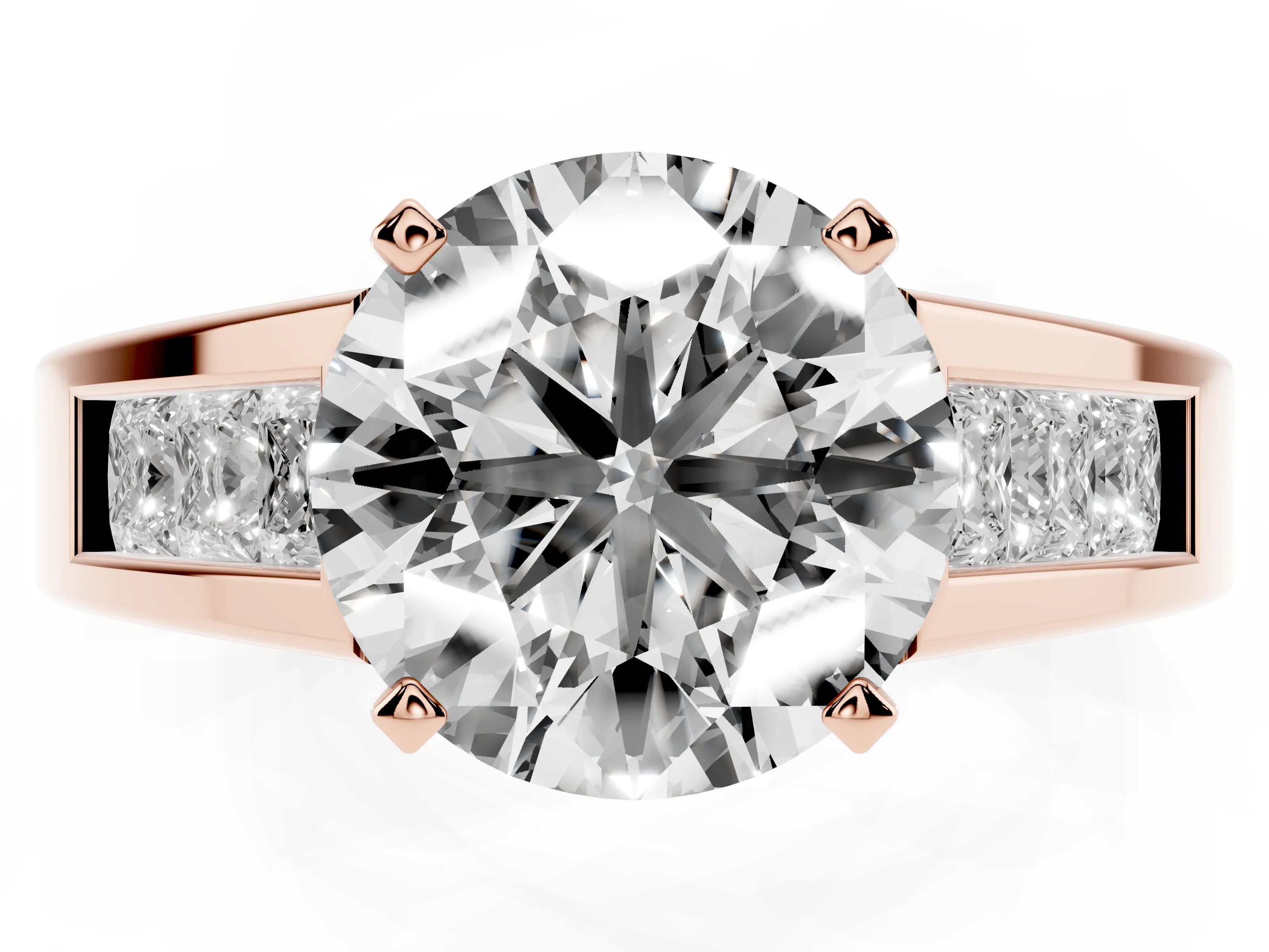 Round Cut Diamond Solitaire Ring Set in Rose gold with Channel-Set Accent Stones and Prong Setting