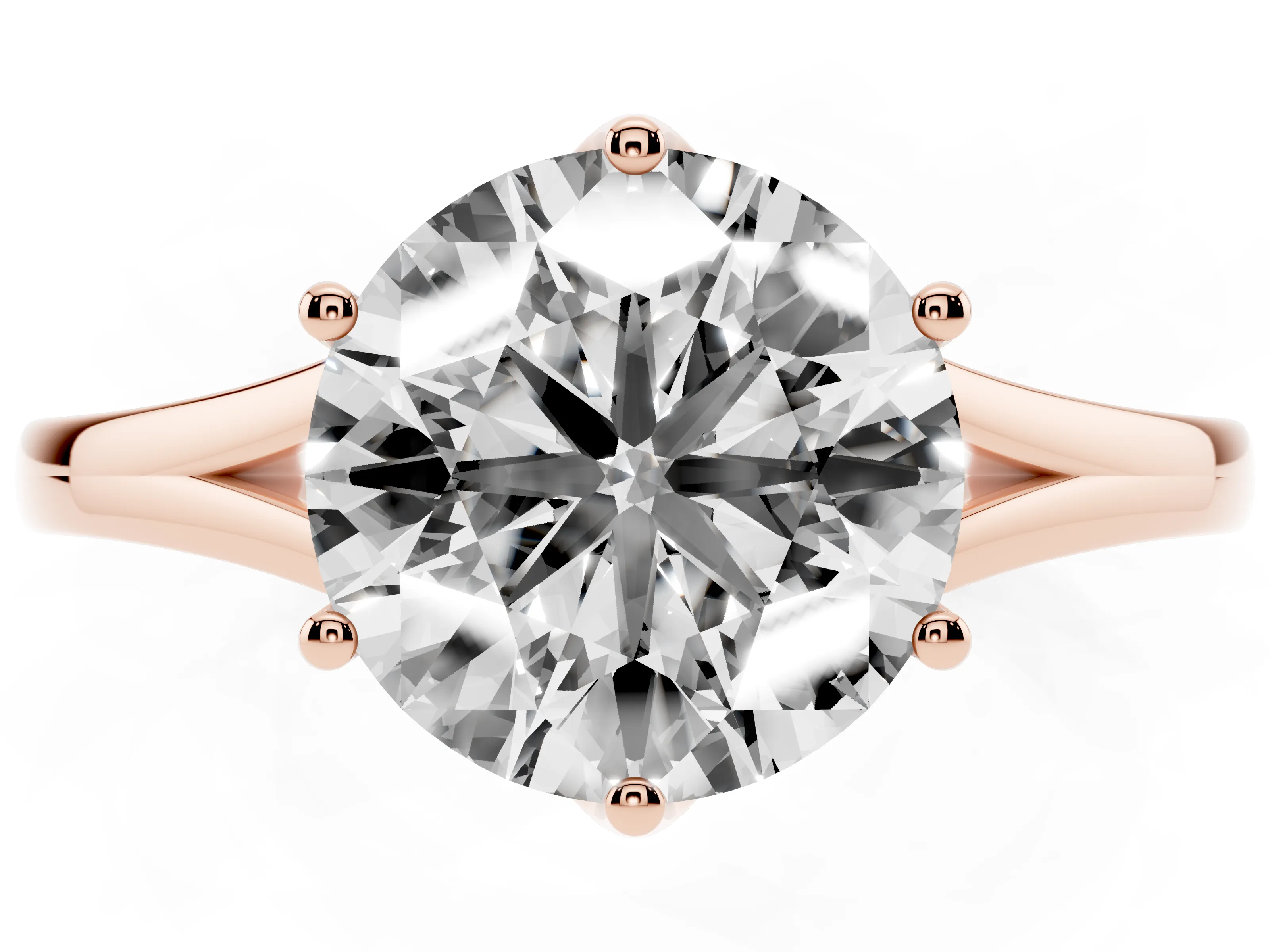Round Cut Diamond Solitaire Ring Set in Rose gold with Polished Tapered Band and Prong Setting