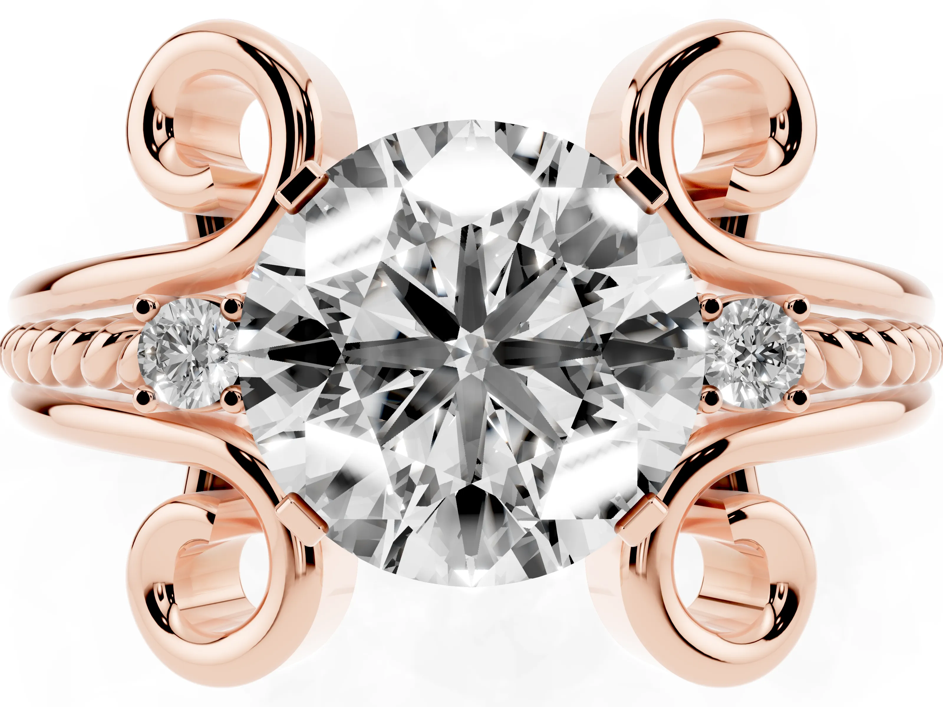 Round Cut Diamond Twisted Band Solitaire Ring Set in Rose gold with Scroll Prongs