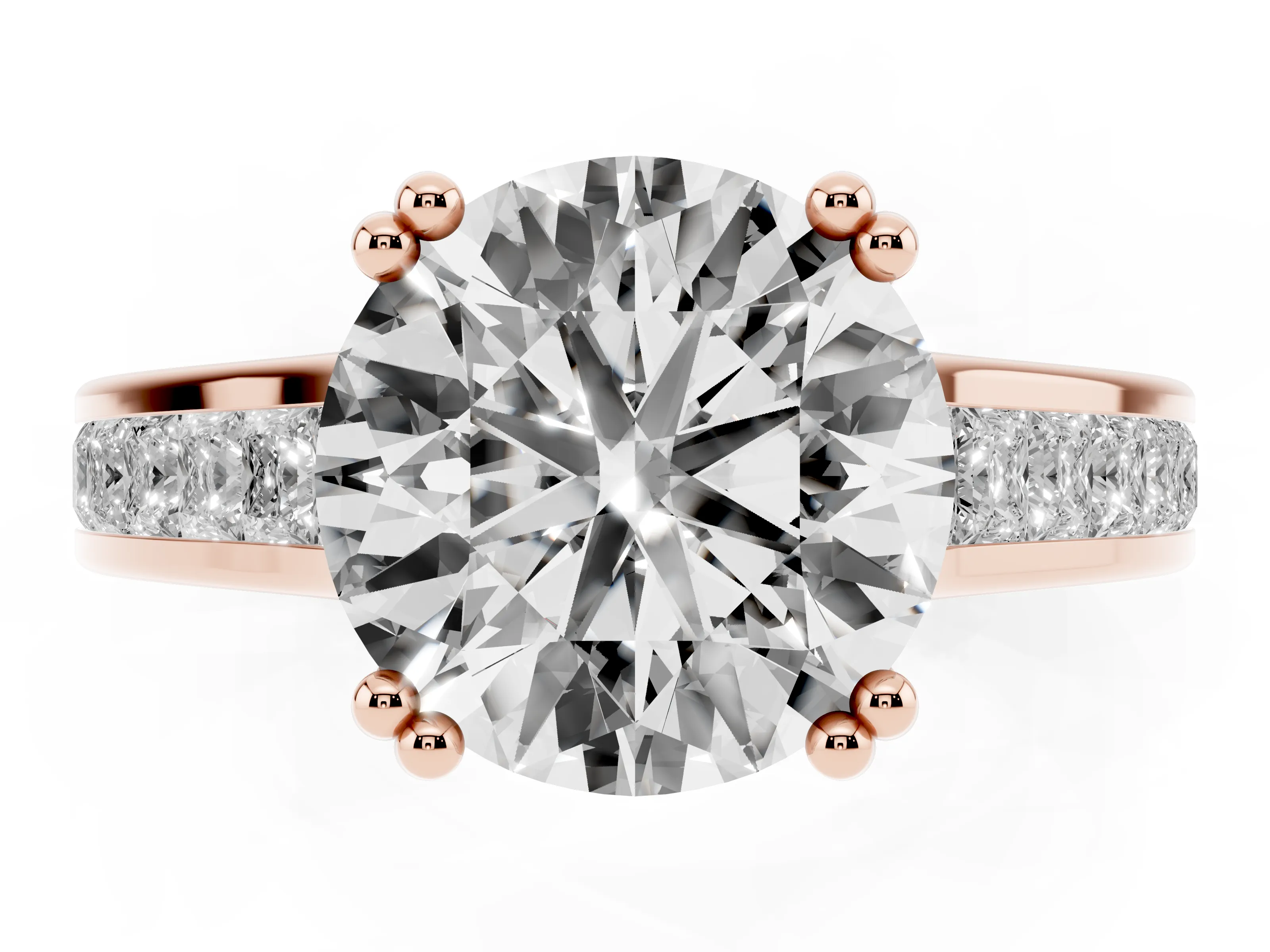 Round Cut Diamond Channel Set Solitaire Engagement Ring Set in Rose gold with Prong Setting