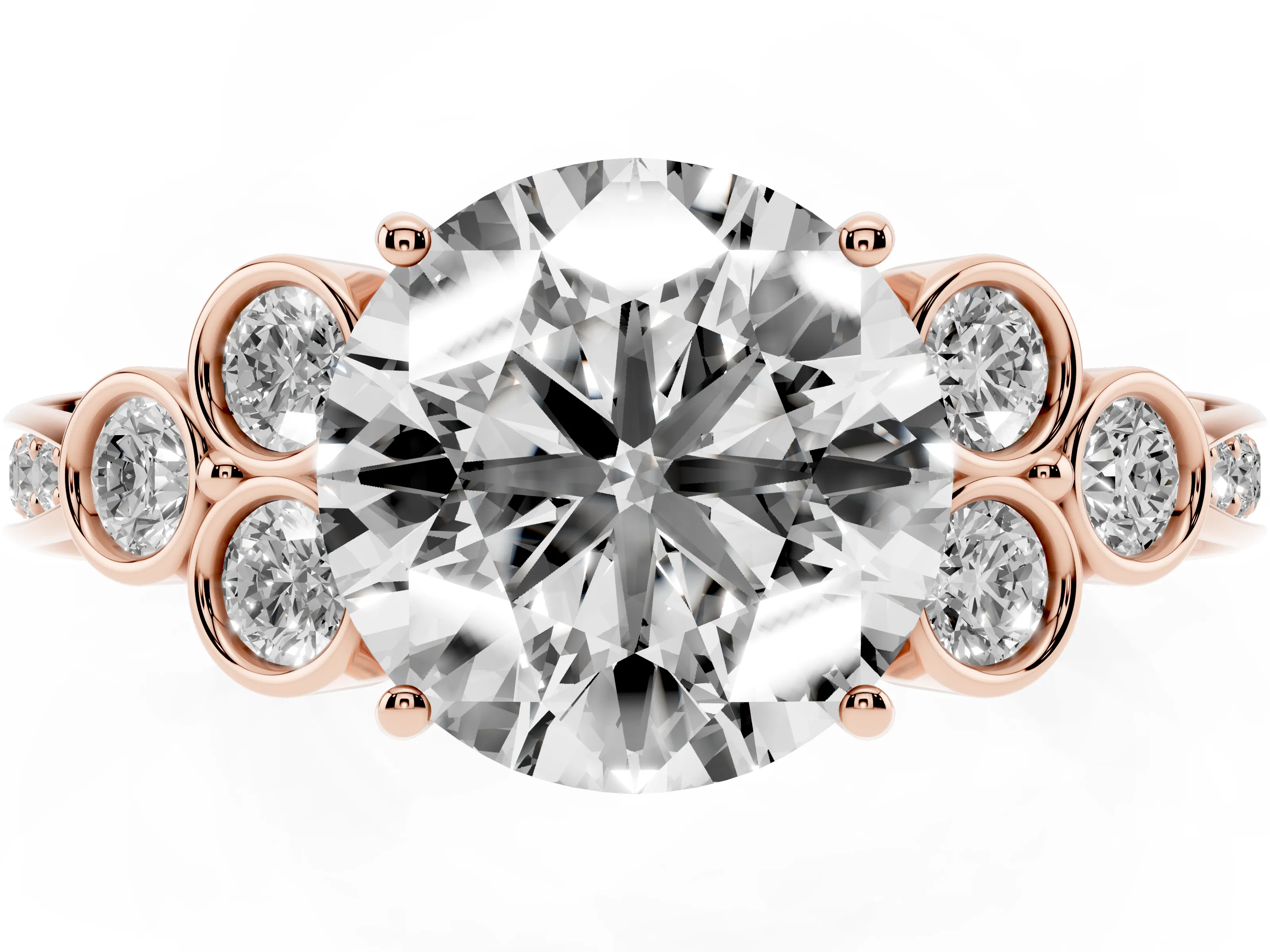 Round Cut Diamond Engagement Ring Set in Rose gold with Bezel Set Round Side Stones and Prong Setting