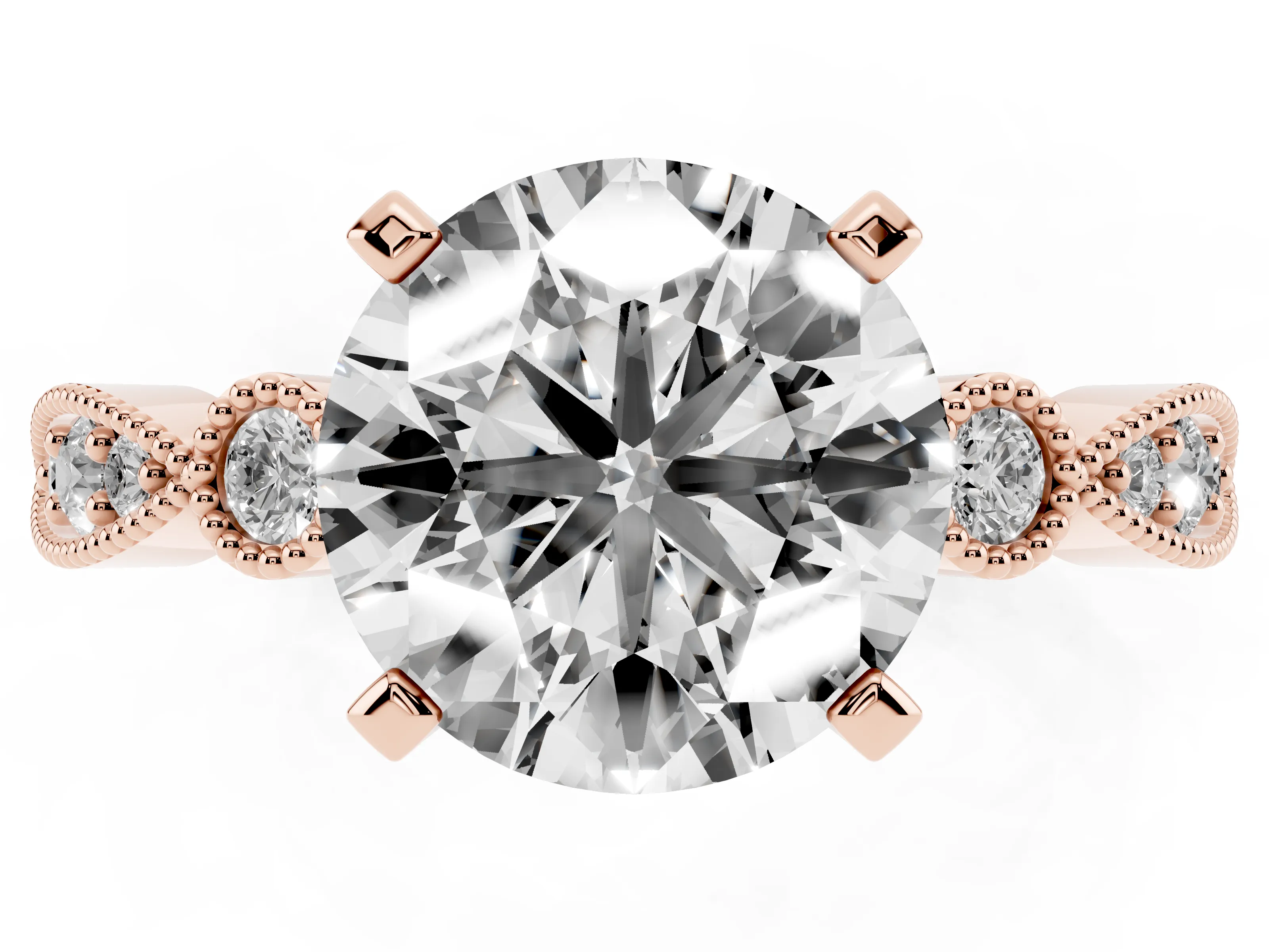 Round Cut Diamond Solitaire Engagement Ring Set in Rose gold with Milgrain Bezel Accent Band