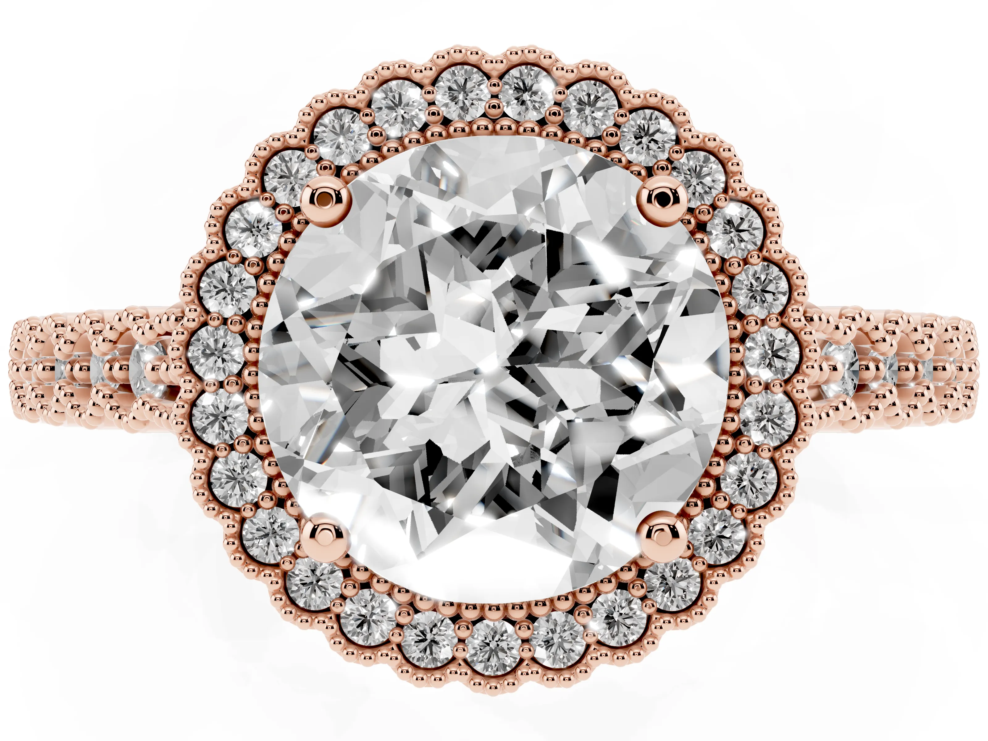 Round Cut Diamond Halo Ring Set in Rose gold with Pavé Milgrain Band