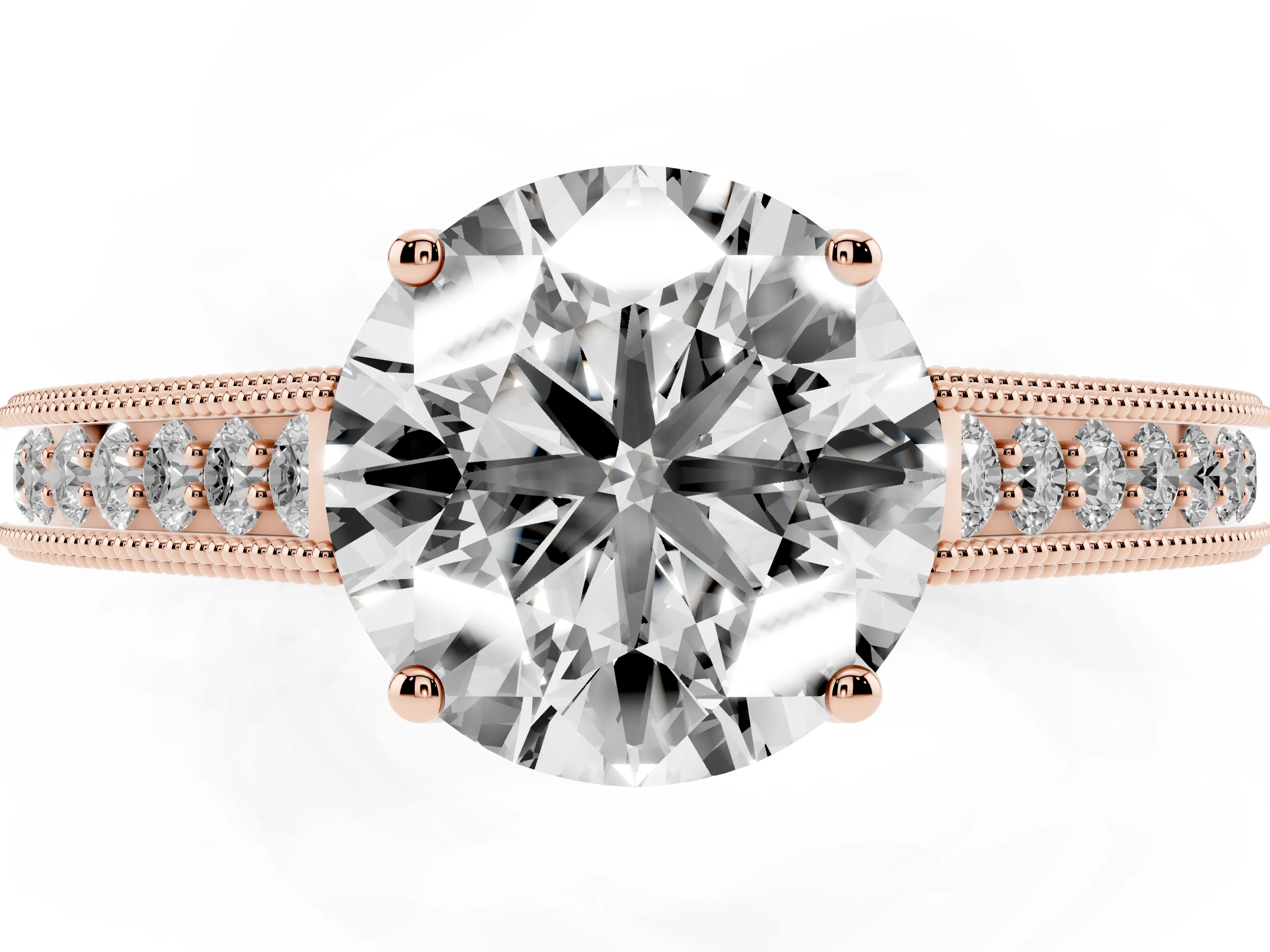 Round Cut Diamond Milgrain Pavé Band Solitaire Ring Set in Rose gold with Prong Setting