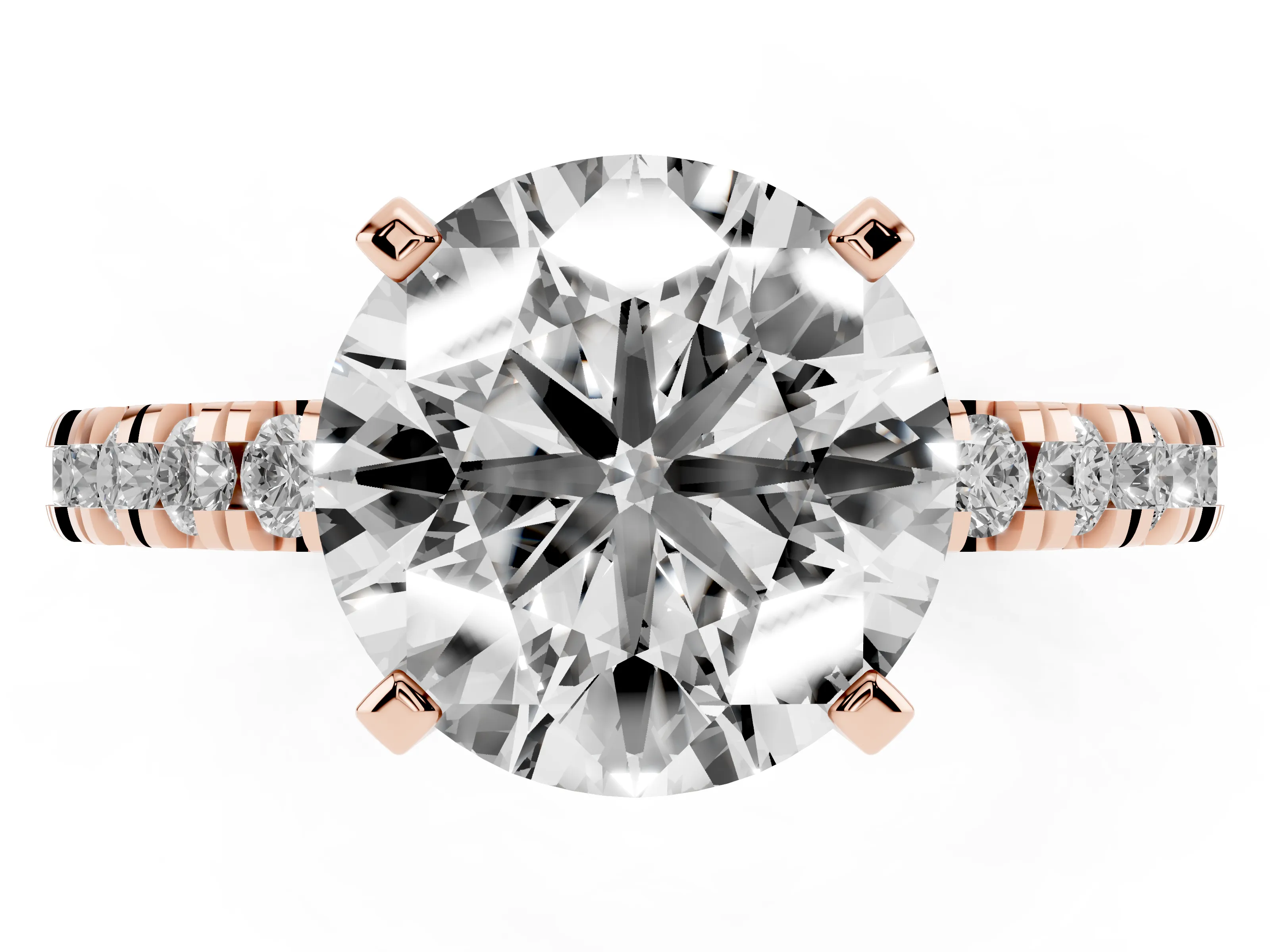 Round Cut Diamond Pavé Band Solitaire Set in Rose gold with Prong Setting