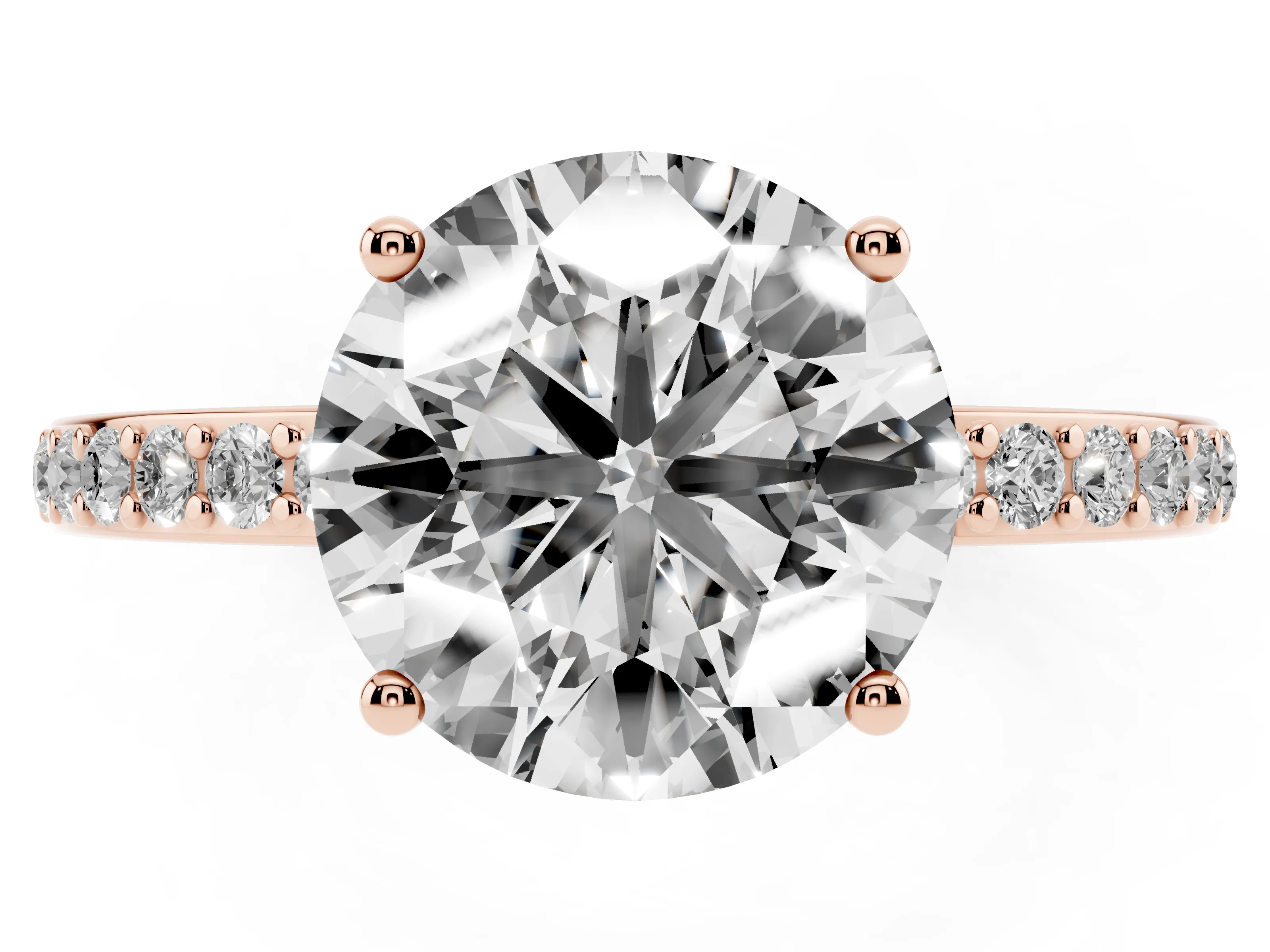 Round Cut Diamond Pavé Band Ring Set in Rose gold with Prong-Set Center Stone