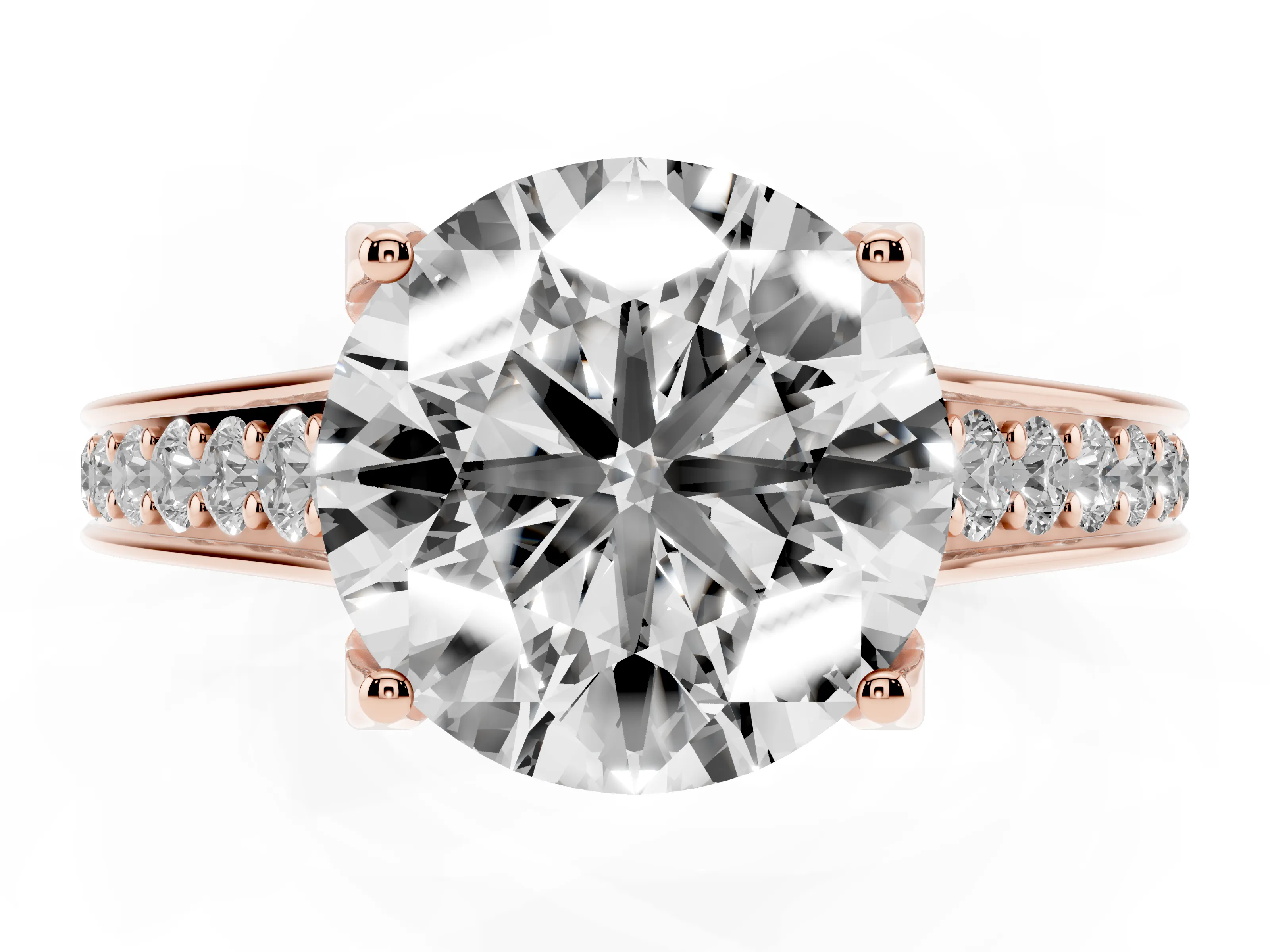 Round Cut Diamond Solitaire Pavé Engagement Ring Set in Rose gold with Prong Setting