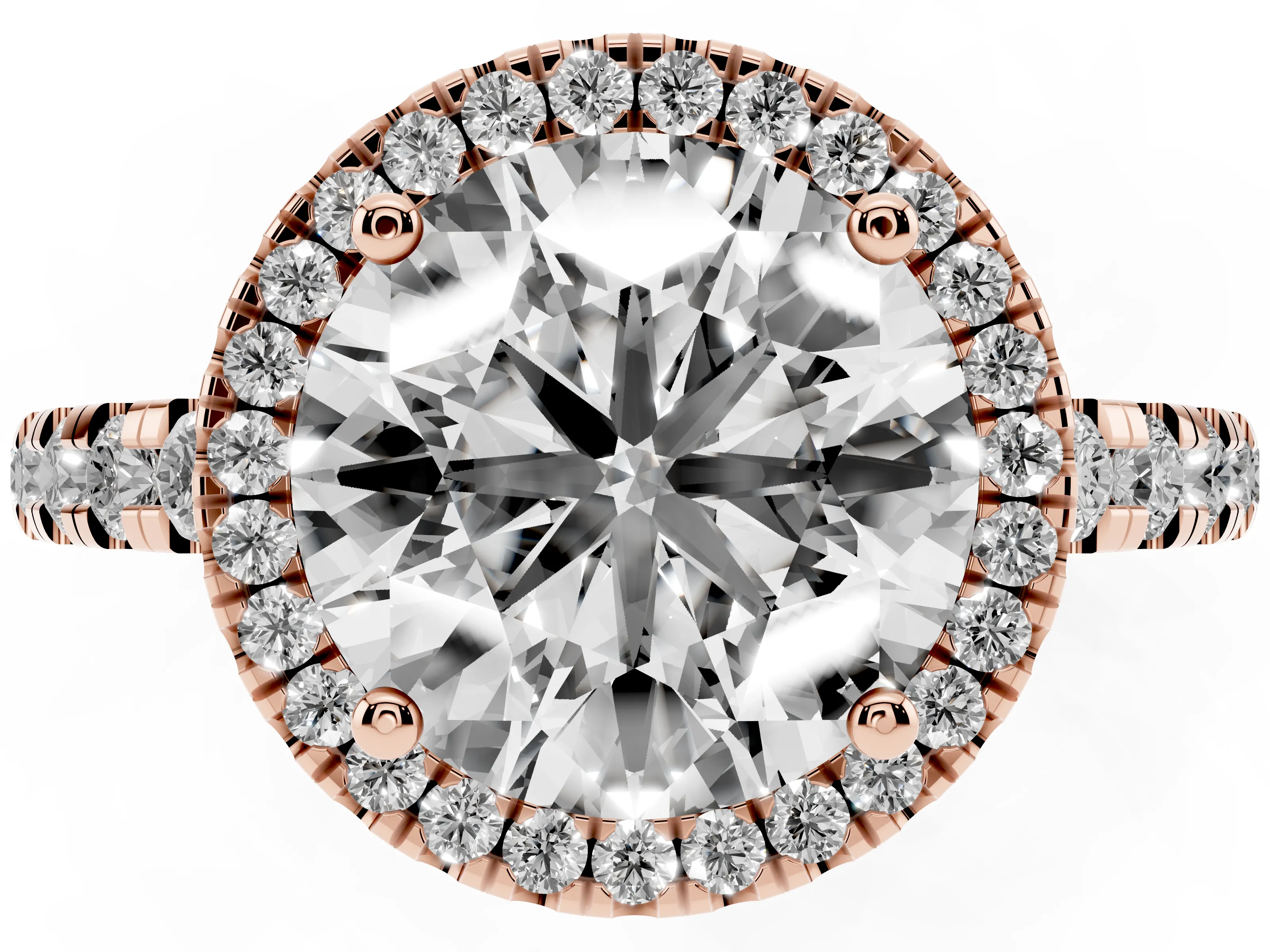 Round Cut Diamond Halo Ring Set in Rose gold with Delicate Pavé Band and Prong Setting