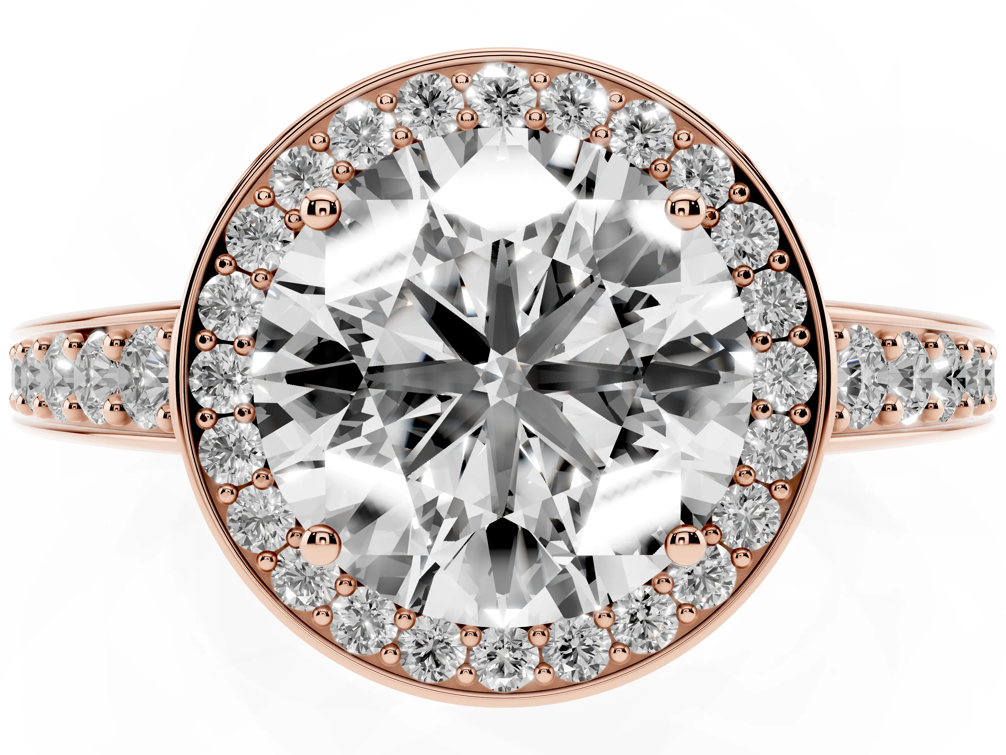 Round Cut Diamond Halo Pavé Engagement Ring Set in Rose gold with Bezel Setting