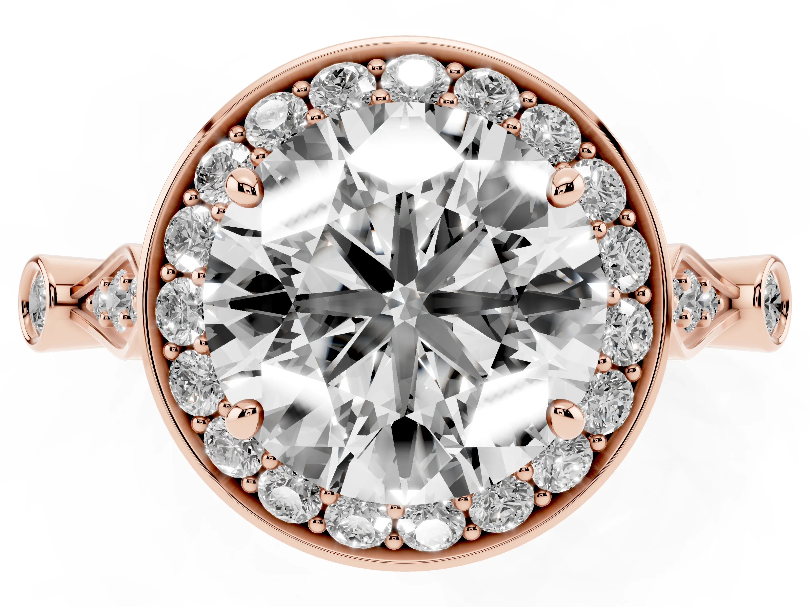 Round Cut Diamond Halo Engagement Ring Set in Rose gold with Twisted Band and Prong Setting