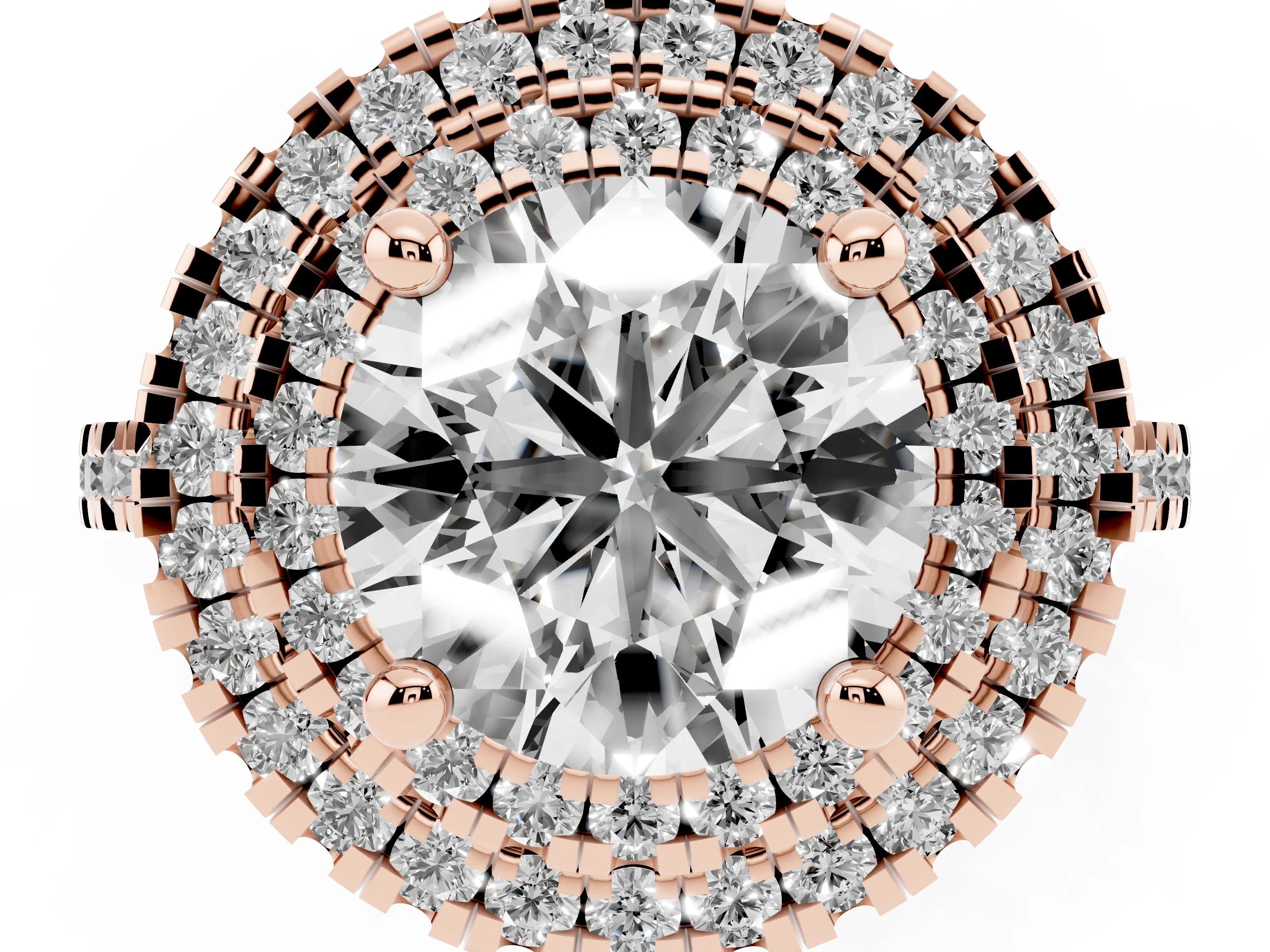 Round Cut Diamond Double Halo Statement Ring Set in Rose gold with Pavé Band