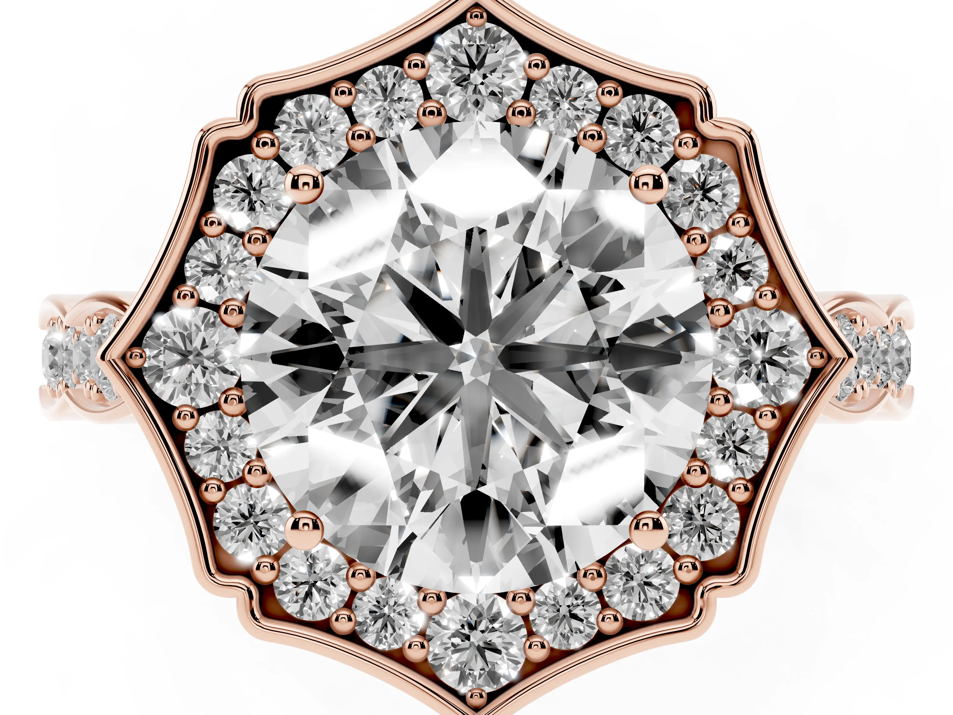 Round Cut Diamond Halo Engagement Ring Set in Rose gold with Milgrain Band and Prong Setting