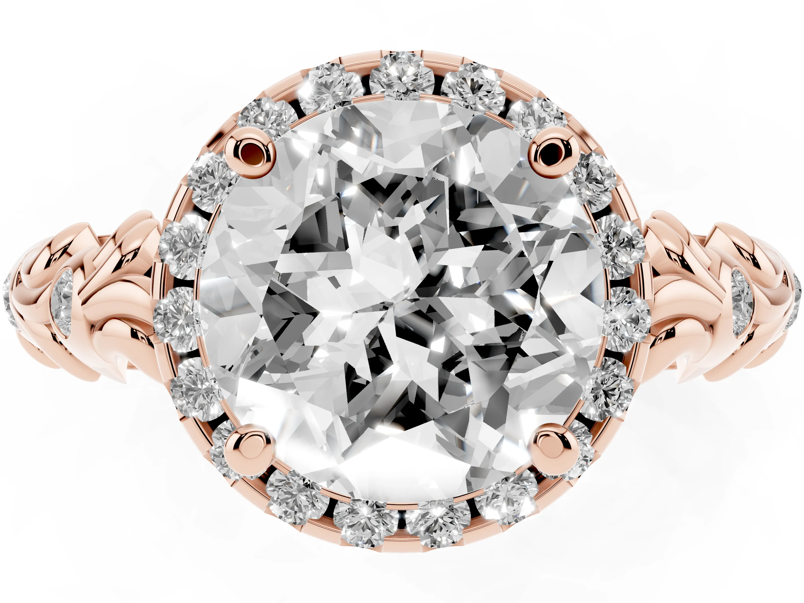 Round Cut Diamond Halo Ring Set in Rose gold with Filigree Leaf Band and Prong Setting