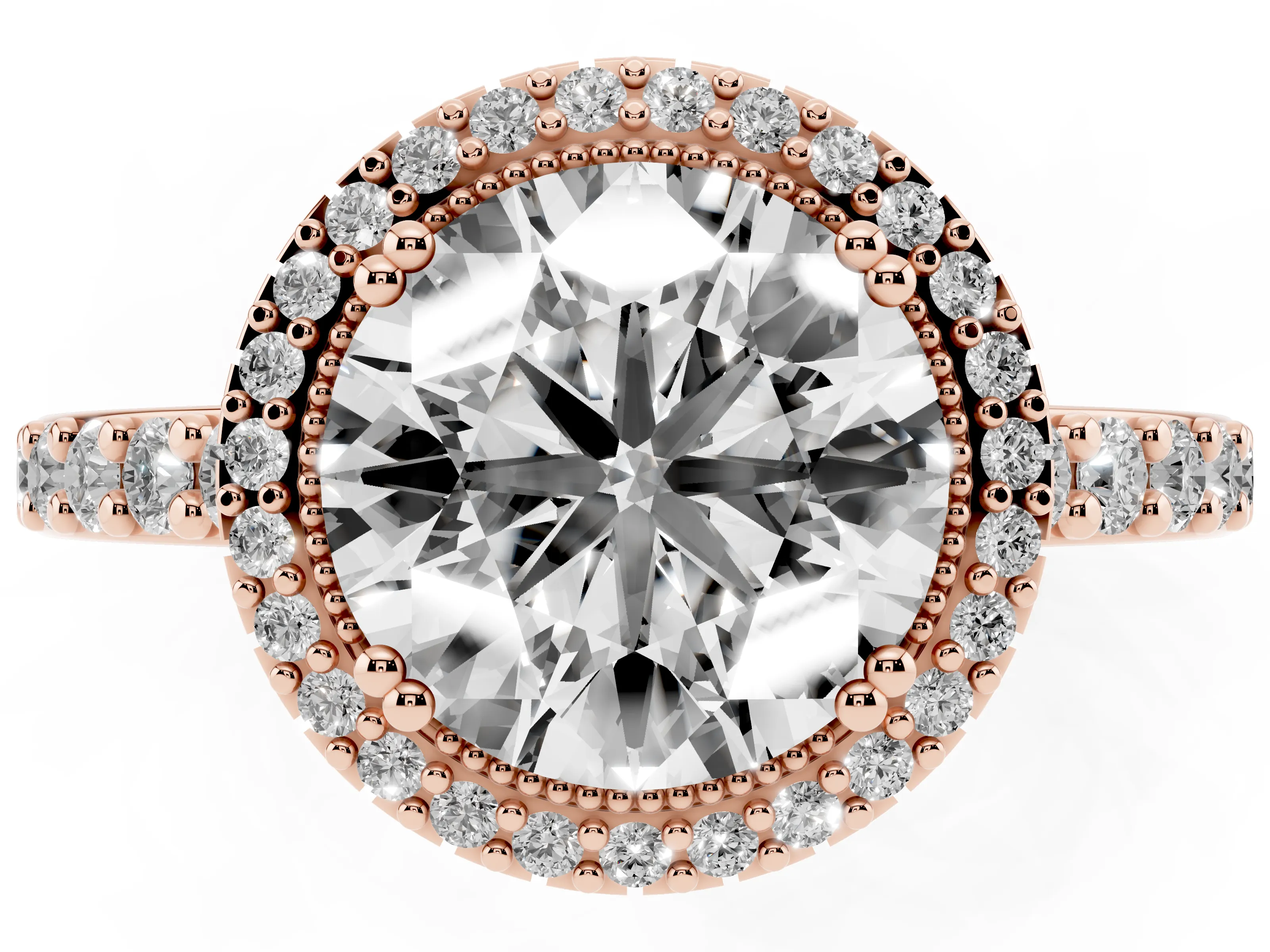 Round Cut Diamond Halo Engagement Ring Set in Rose gold with Milgrain Detail and Pavé Band